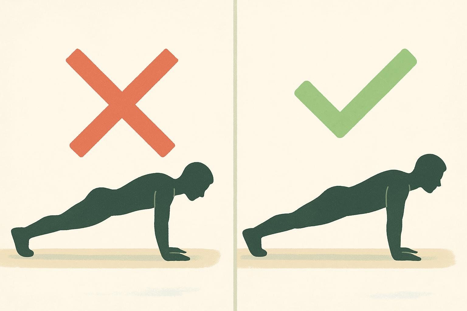 An illustration comparing incorrect push-up form with a swayed back to correct form with a straight body line.