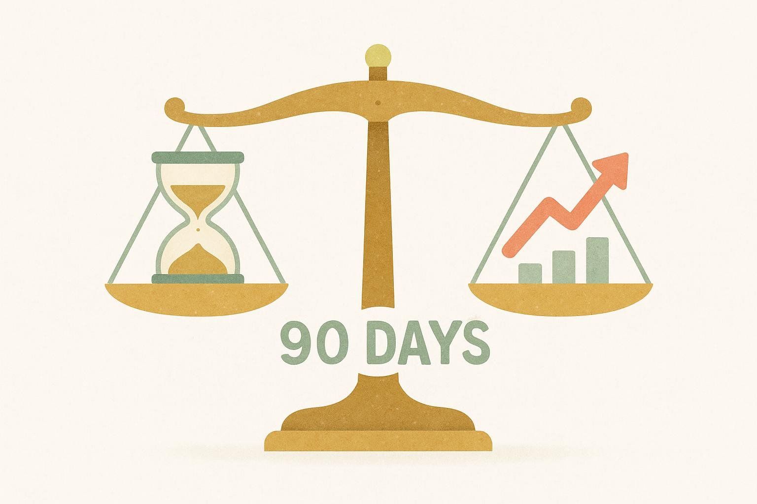 Illustration of a balanced scale with an hourglass on one side and a bar graph with an upward arrow on the other side, representing the value of 90 days for transformation.