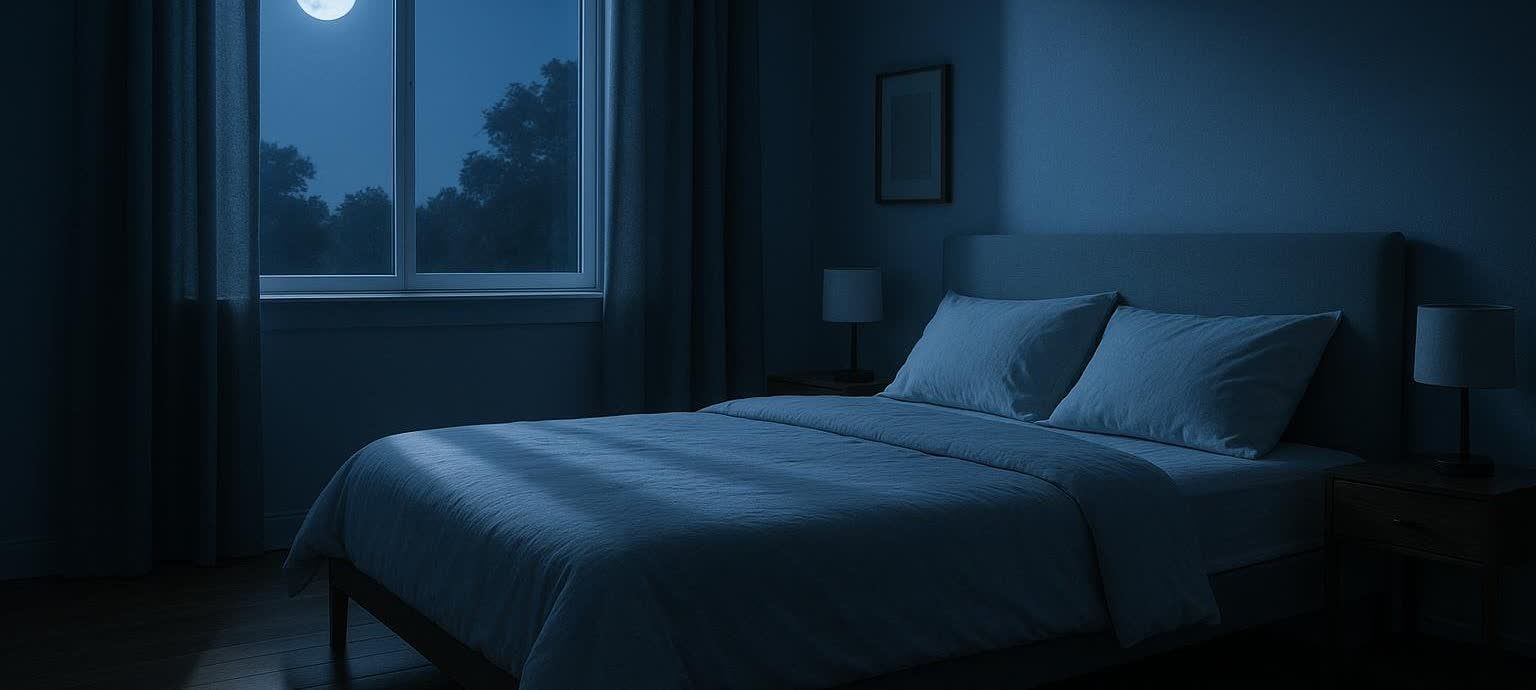 A calm modern bedroom at night, illuminated by moonlight streaming through the window and casting shadows across the bed. The blue hues of the room enhance its peaceful and restful ambiance, ideal for deep sleep.