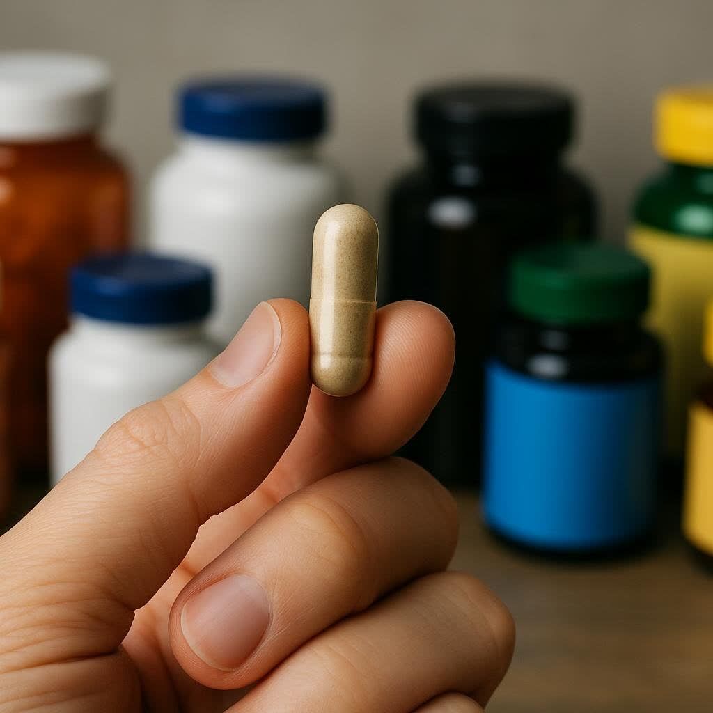 A hand holds a single supplement capsule, with many other supplement bottles blurred in the background.