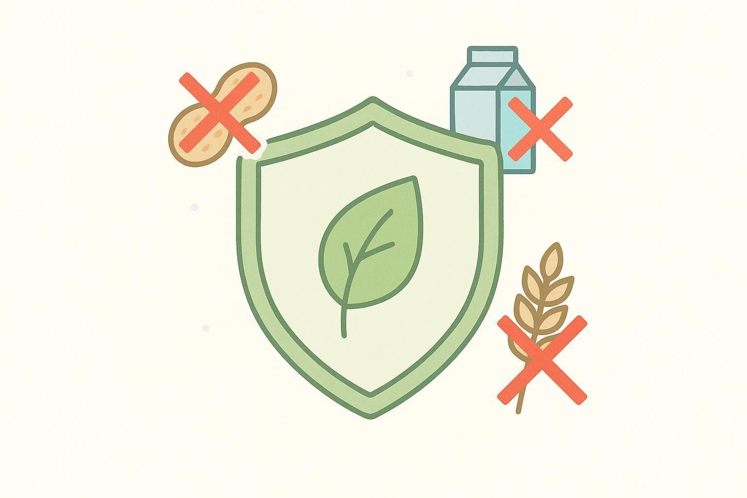 An icon of a green shield with a leaf inside, surrounded by crossed-out images of a peanut, a milk carton, and a wheat stalk, signifying an allergen-friendly product (free of peanuts, dairy, and wheat).