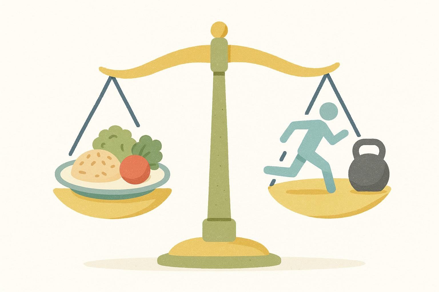 An illustration of a scale with a plate of food on the raised left side, and a running person alongside a kettlebell on the lowered right side, symbolizing that calories burned outweigh calories consumed for a caloric deficit and weight loss.