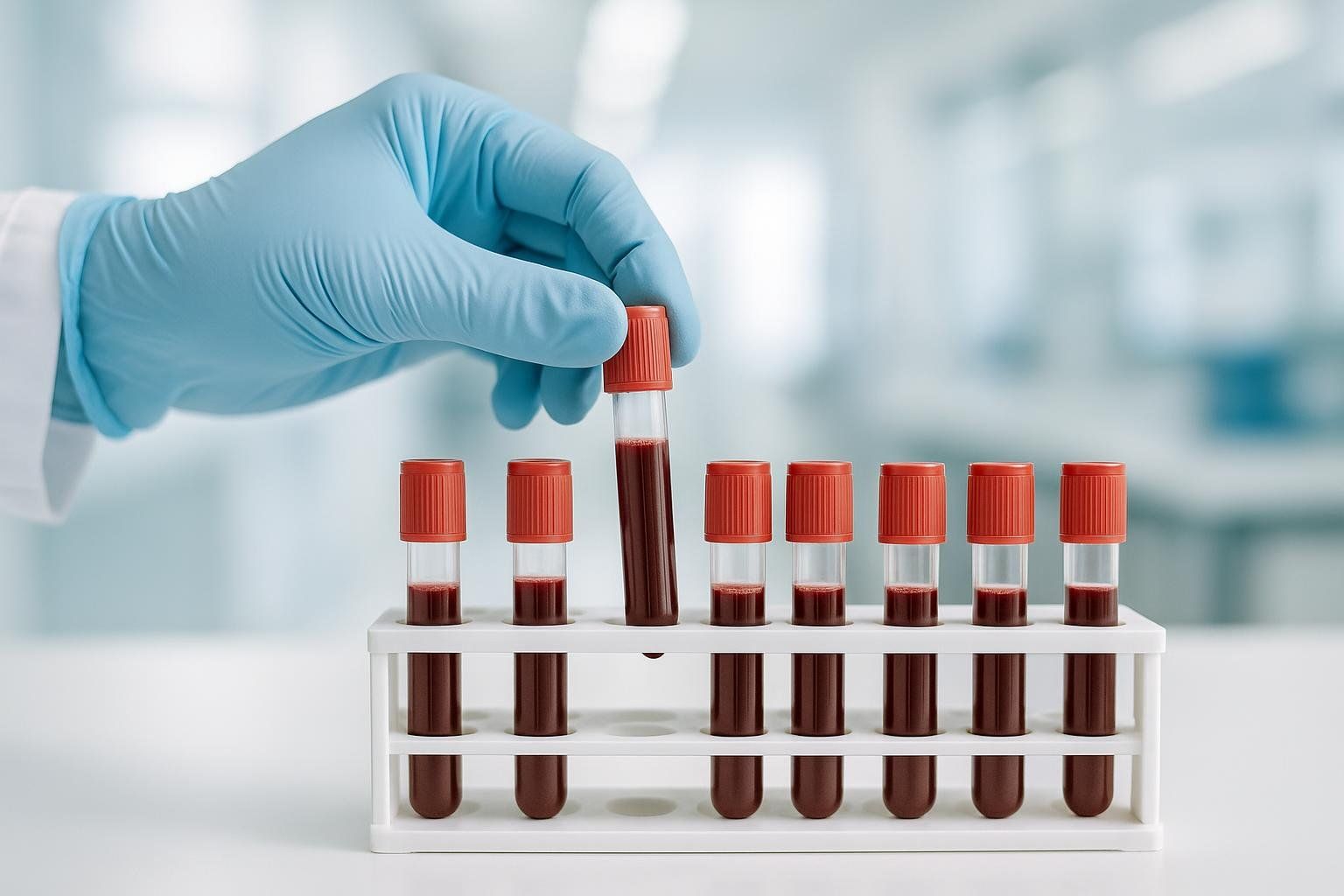 A lab technician handling a blood sample, symbolizing the importance of regular blood tests to monitor hormone levels.
