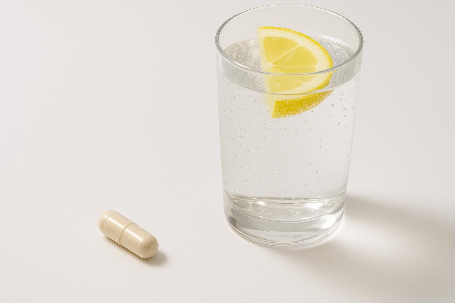 A light beige supplement capsule lies on a white surface next to a glass of water with a lemon slice in it. The water has small bubbles.