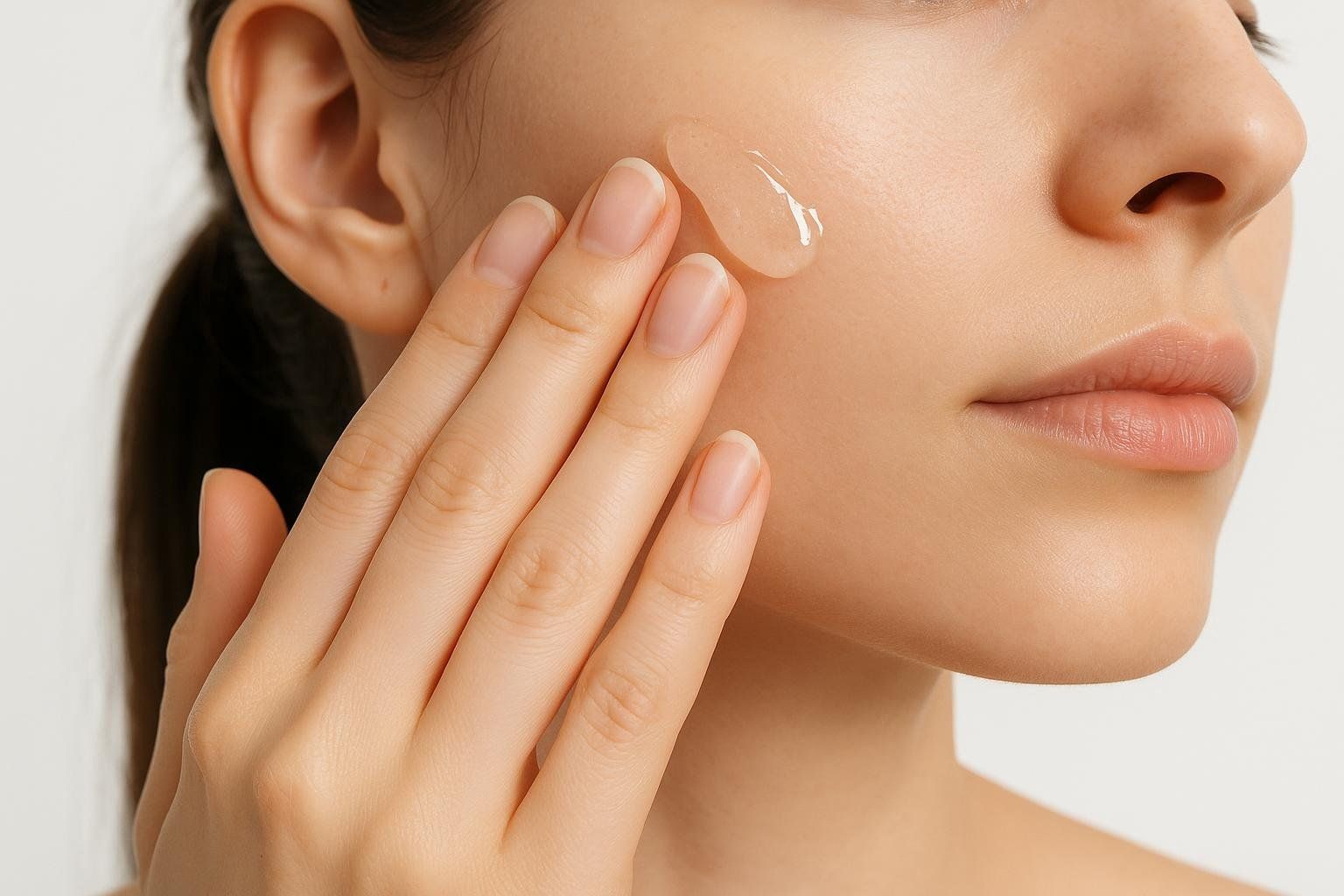 A close-up of a person's hand applying a clear gel to their cheek, representing topical use for skin health.
