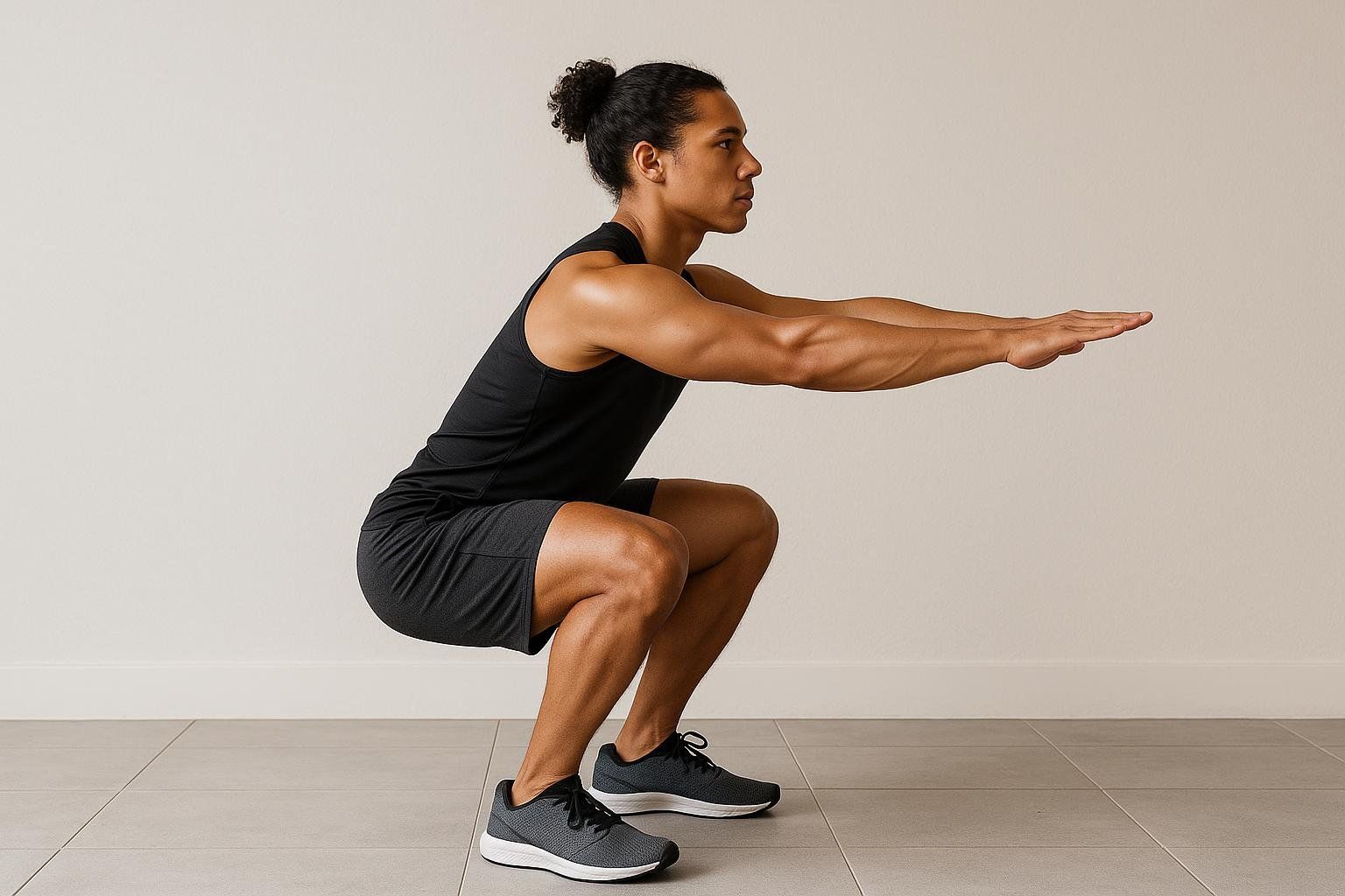 A man with dark hair tied back in a bun, wearing a black tank top and dark shorts, demonstrates a perfect bodyweight squat. He is in profile, with his thighs parallel to the floor, chest high, and arms extended forward for balance. The background is a plain light-colored wall and a tiled floor, highlighting the exercise form.