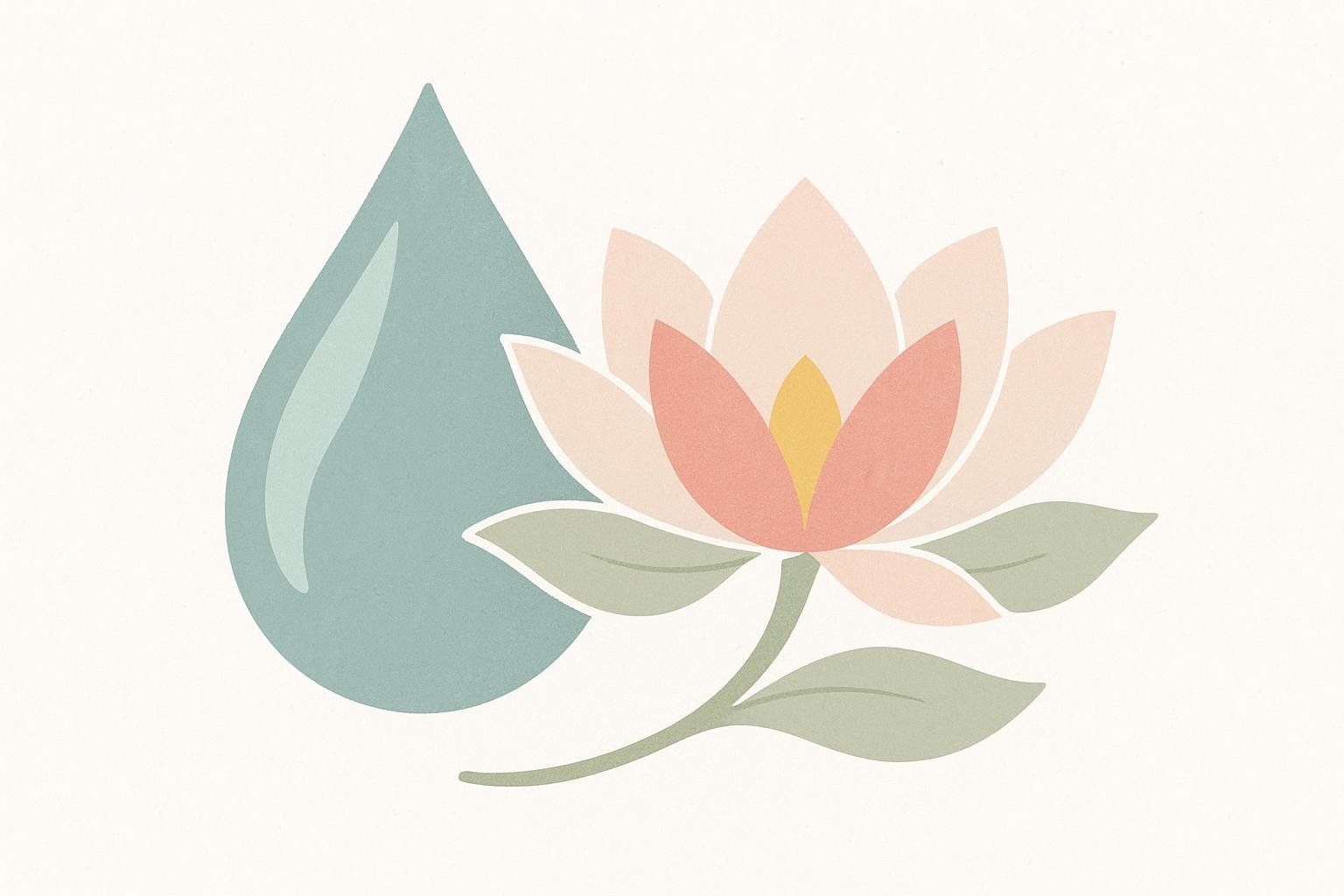 An abstract illustration featuring a large blue-green water droplet next to a light pink and coral lotus flower with pale green leaves and a yellow center, all on a cream background with a subtle textured effect.
