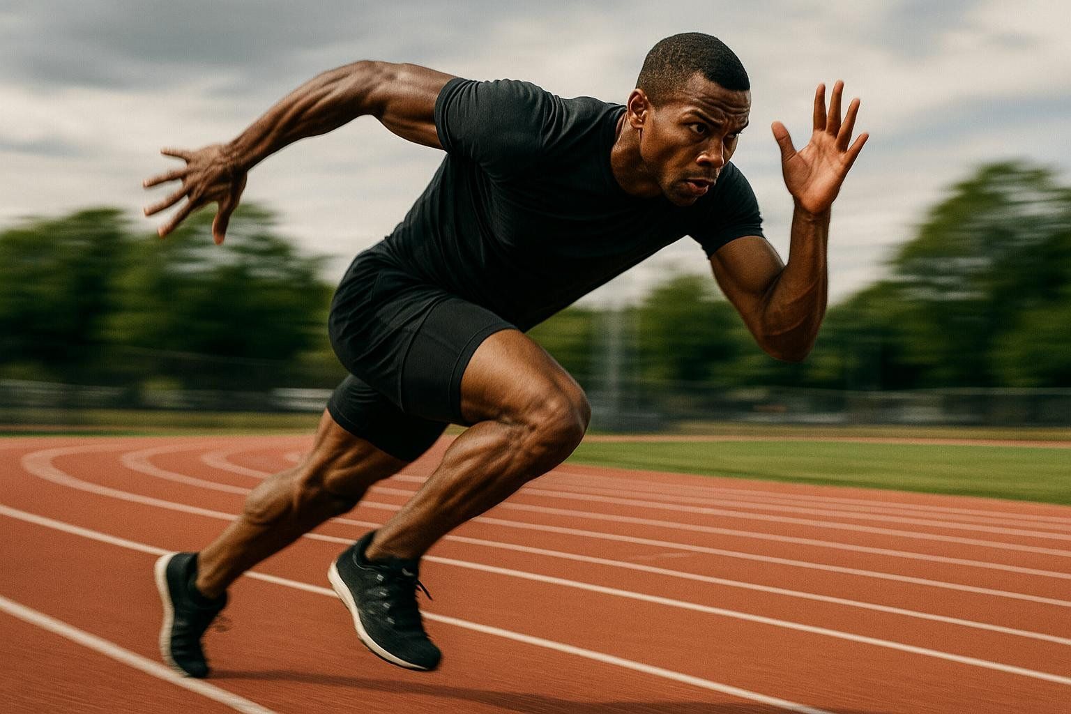 A male athlete sprints on a red running track, wearing black athletic clothing. His body is in motion, demonstrating the power and speed of running.