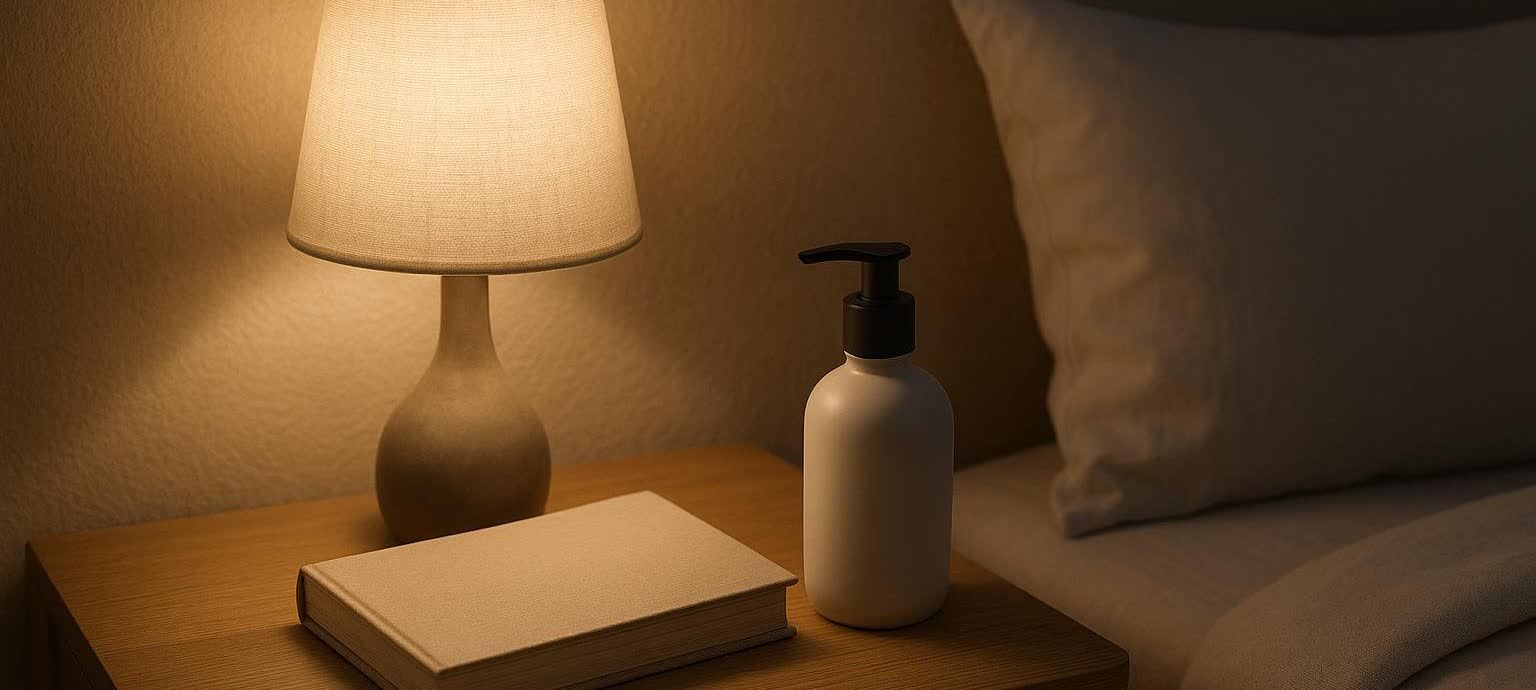 A dimly lit bedside table with a lamp, a book, and a bottle of lotion, creating a peaceful atmosphere for a bedtime routine.