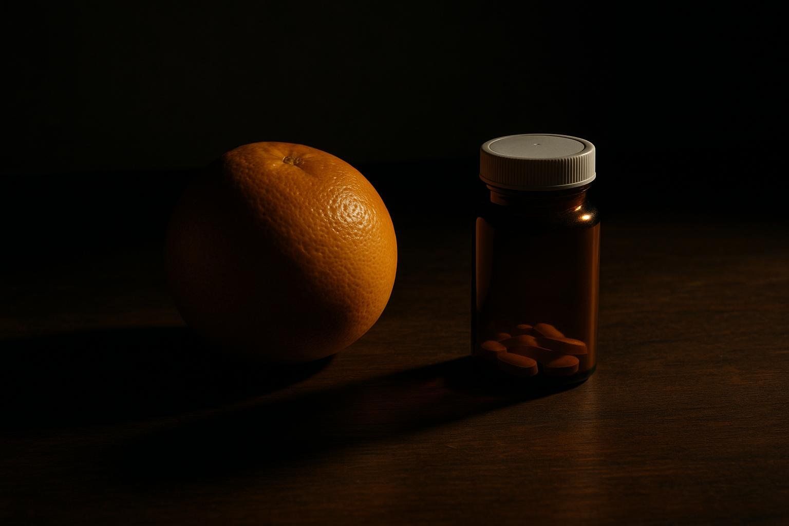 An orange sits next to a brown pill bottle with several orange pills inside, suggesting a potential visual metaphor for drug interactions.