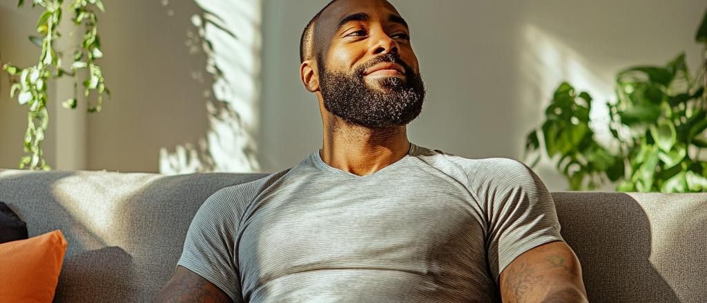 A man with a beard sits on a sofa, bathed in sunlight streaming through a window. He is looking slightly upwards with a serene expression.