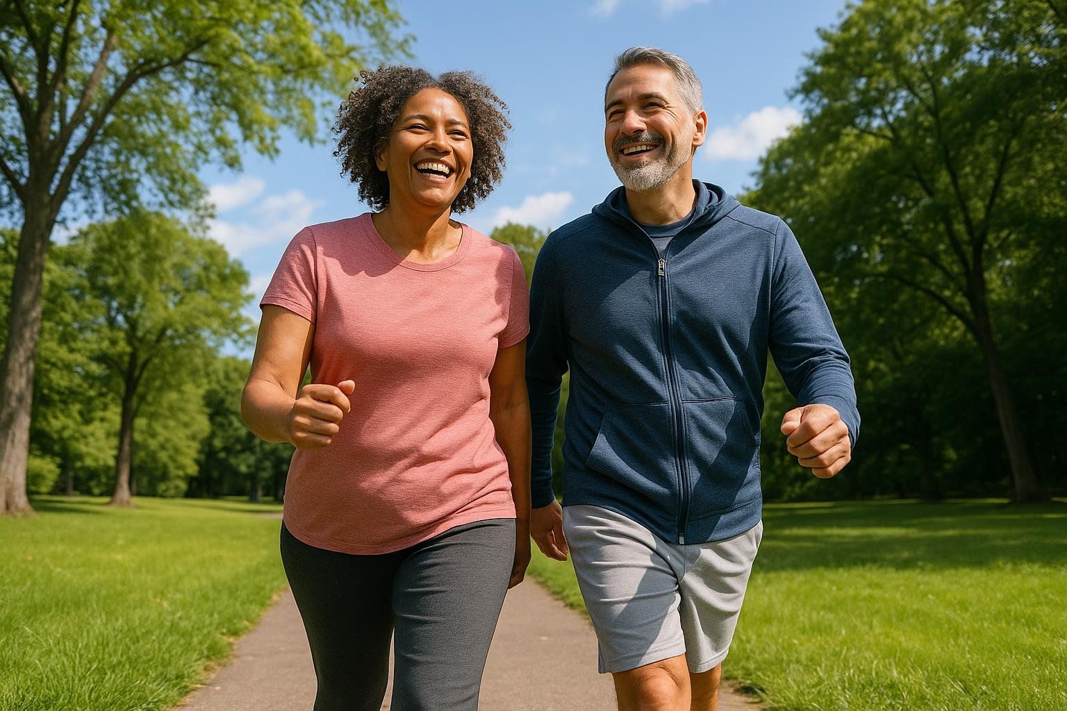 A happy, smiling interracial couple walking on a path in a sunny park with green trees and grass, looking active and healthy.