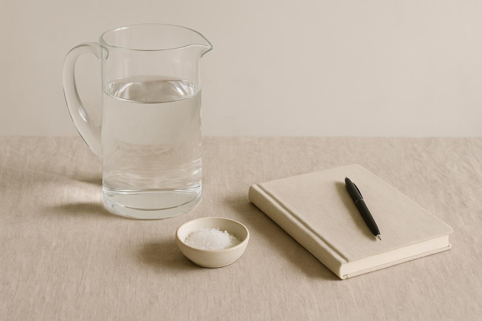 A minimalistic still life image showing a clear glass pitcher filled with water, a small bowl of white crystalline salt, and a closed journal with a pen resting on it, all set on a light-colored linen surface with a plain background. These items are commonly associated with water fasting.