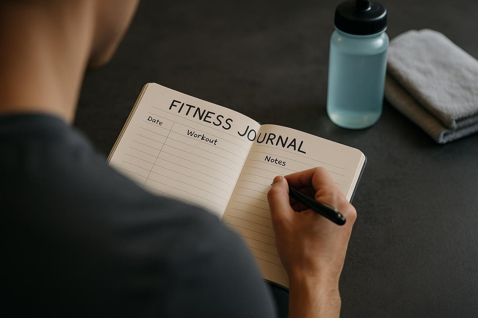 A person seen from behind, writing in a "FITNESS JOURNAL" with sections for Date, Workout, and Notes. A light blue water bottle and a folded grey towel are visible in the background on a dark surface.