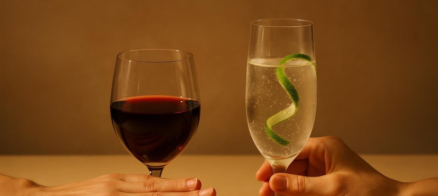 One hand holds a glass of sparkling water with a lime twist, next to another hand resting near a glass of red wine. This depicts a choice, possibly for Dry January.