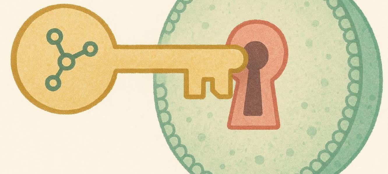 Illustration of a golden key, featuring a molecular structure at its handle, entering a red and green lock. The key represents a peptide and the lock a cell receptor, symbolizing messenger molecules.