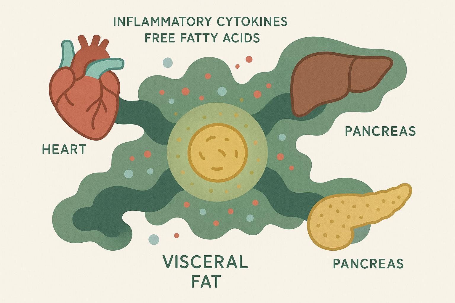 Abstract representation of visceral fat releasing harmful substances affecting nearby organs.