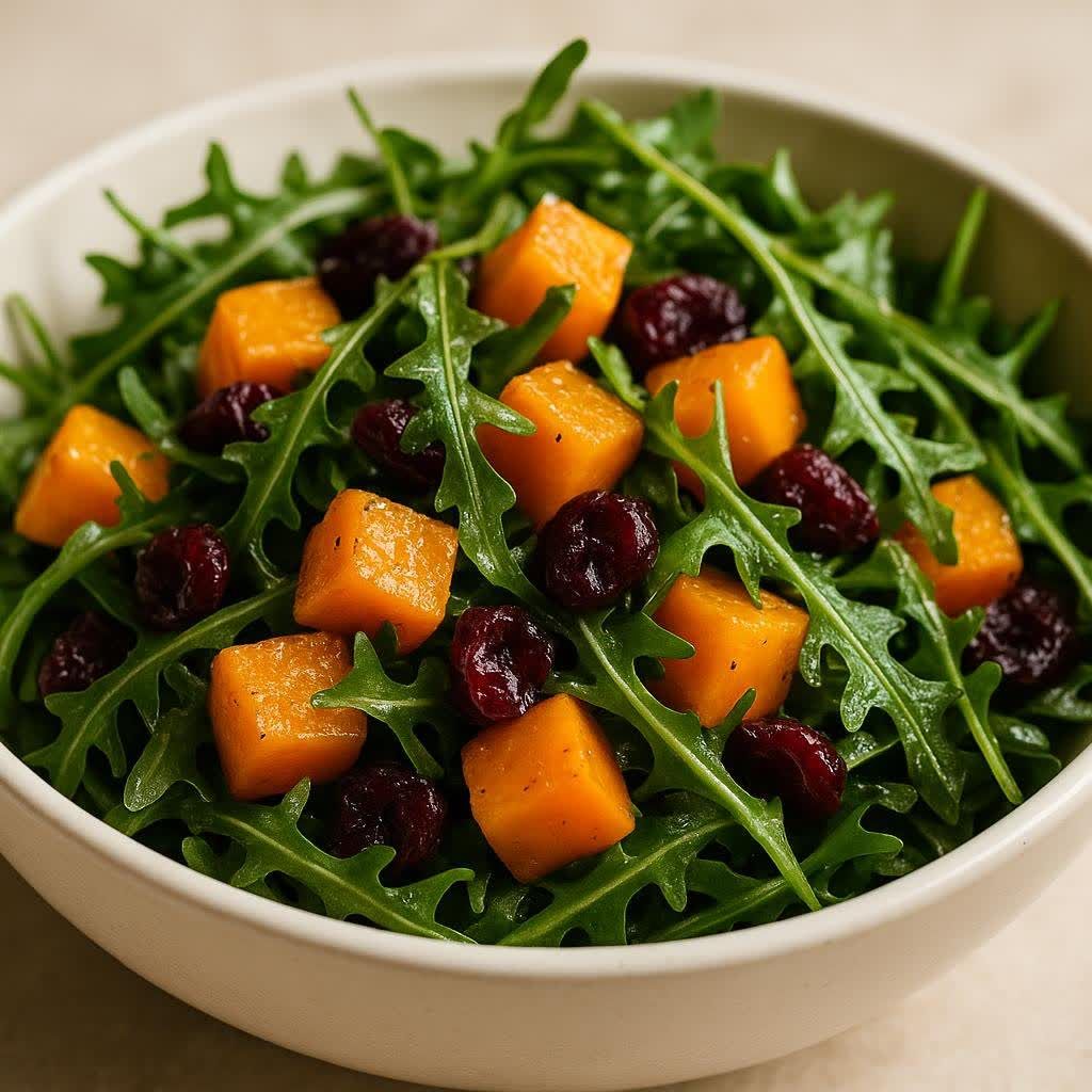 A beautiful Thanksgiving salad with butternut squash and cranberries sits in a white bowl, ready to serve.