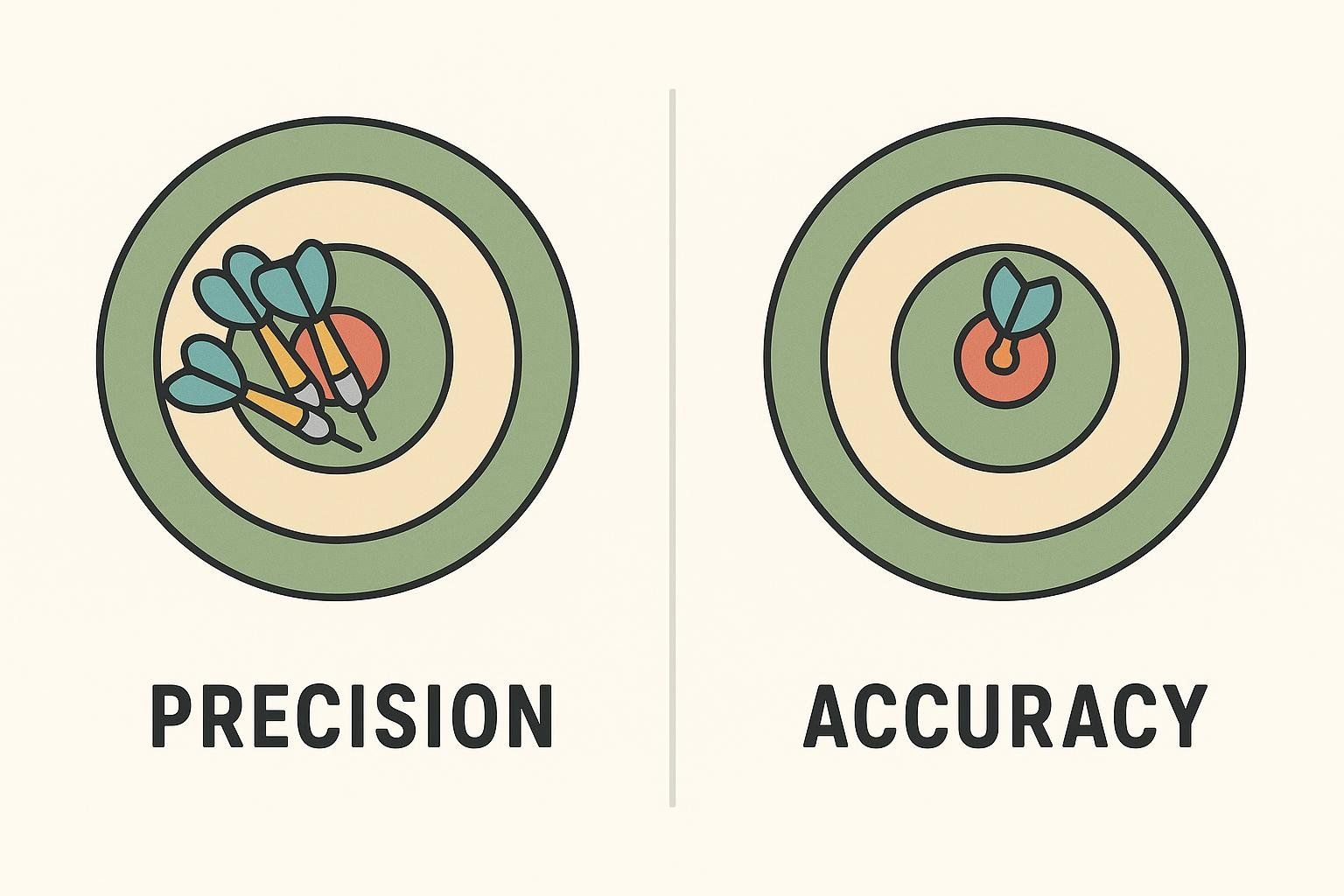 Diagram depicting the difference between precision and accuracy using dartboards. The 'Precision' dartboard shows darts clustered closely together but missing the bullseye, while the 'Accuracy' dartboard shows a single dart perfectly hitting the bullseye.