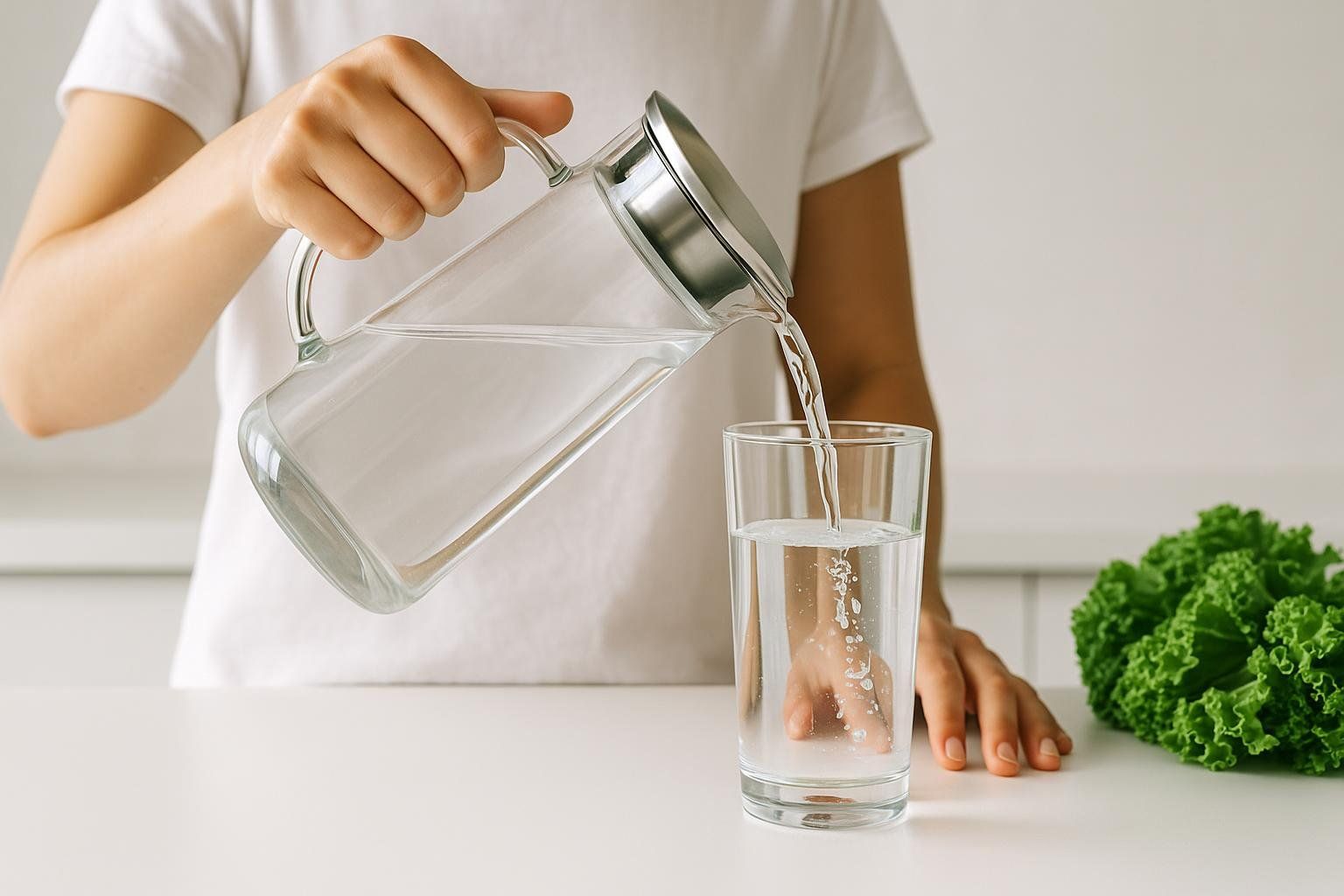A person in a white t-shirt pours water from a clear glass pitcher into a tall glass, which is already partially filled. A bunch of green leafy vegetables (likely kale) is visible to the right on the white counter.