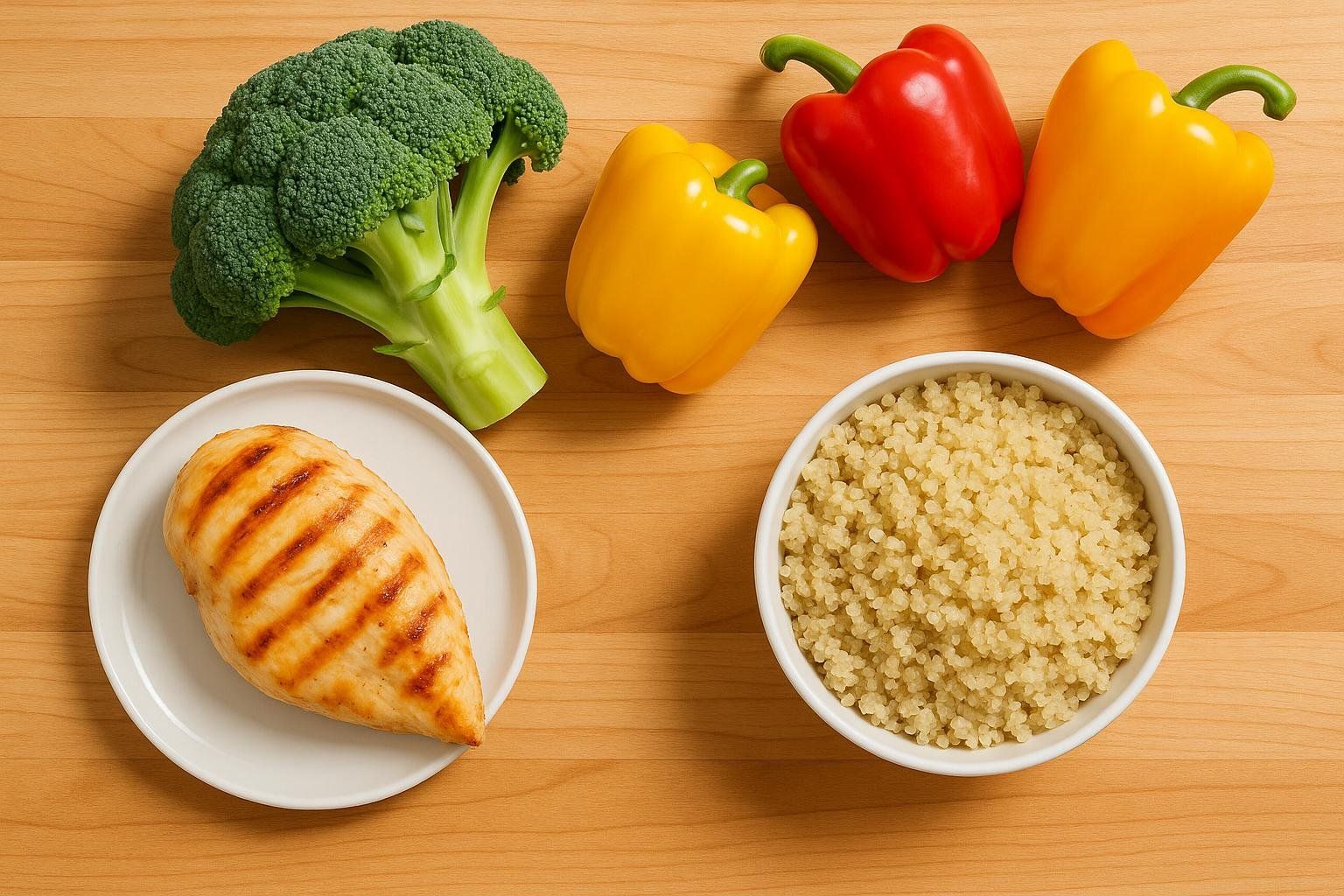 A flat lay shows grilled chicken breast on a white plate, a head of broccoli, yellow and red bell peppers, and a bowl of cooked quinoa against a wooden background.