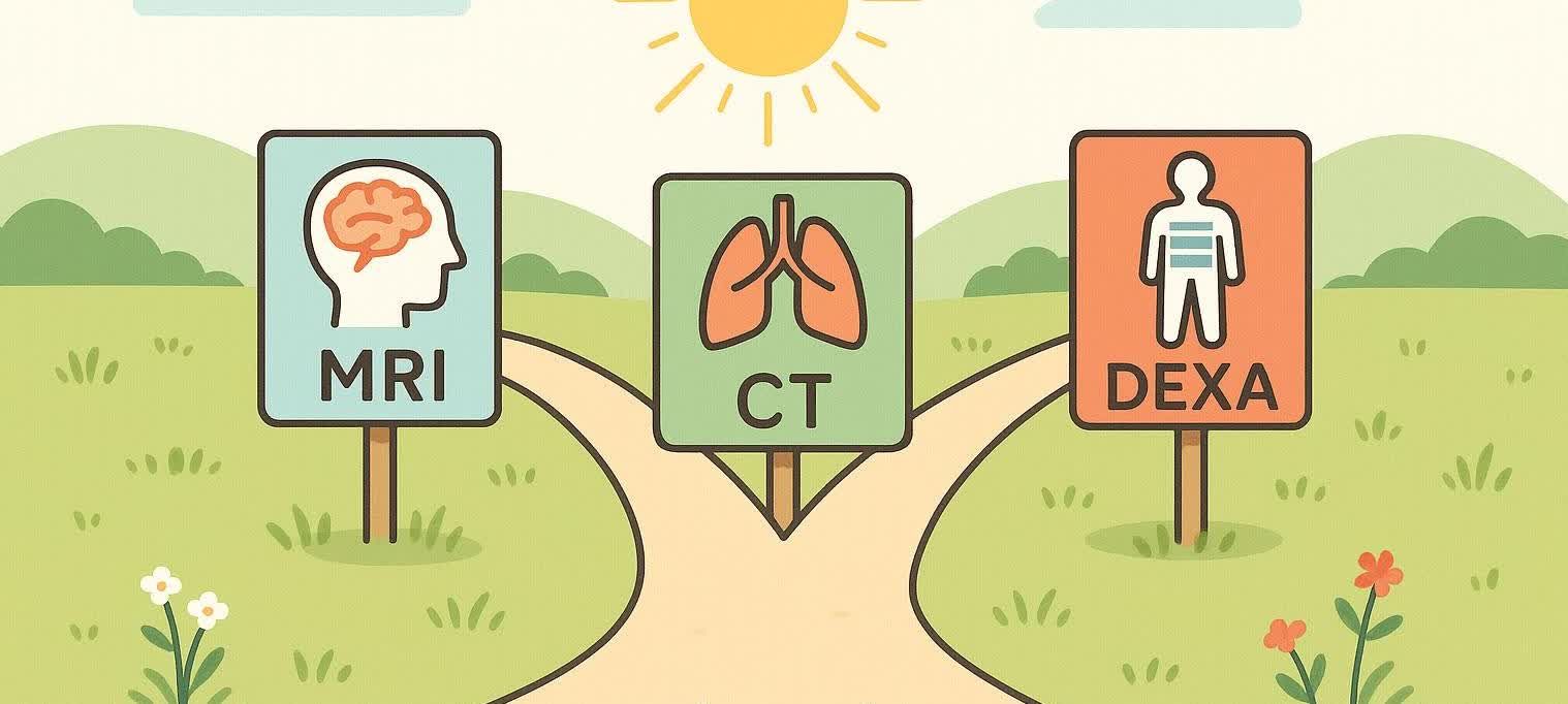 Illustration of a crossroads with signs for MRI, CT, and DEXA scans, featuring icons representing the brain, lungs, and full body respectively.
