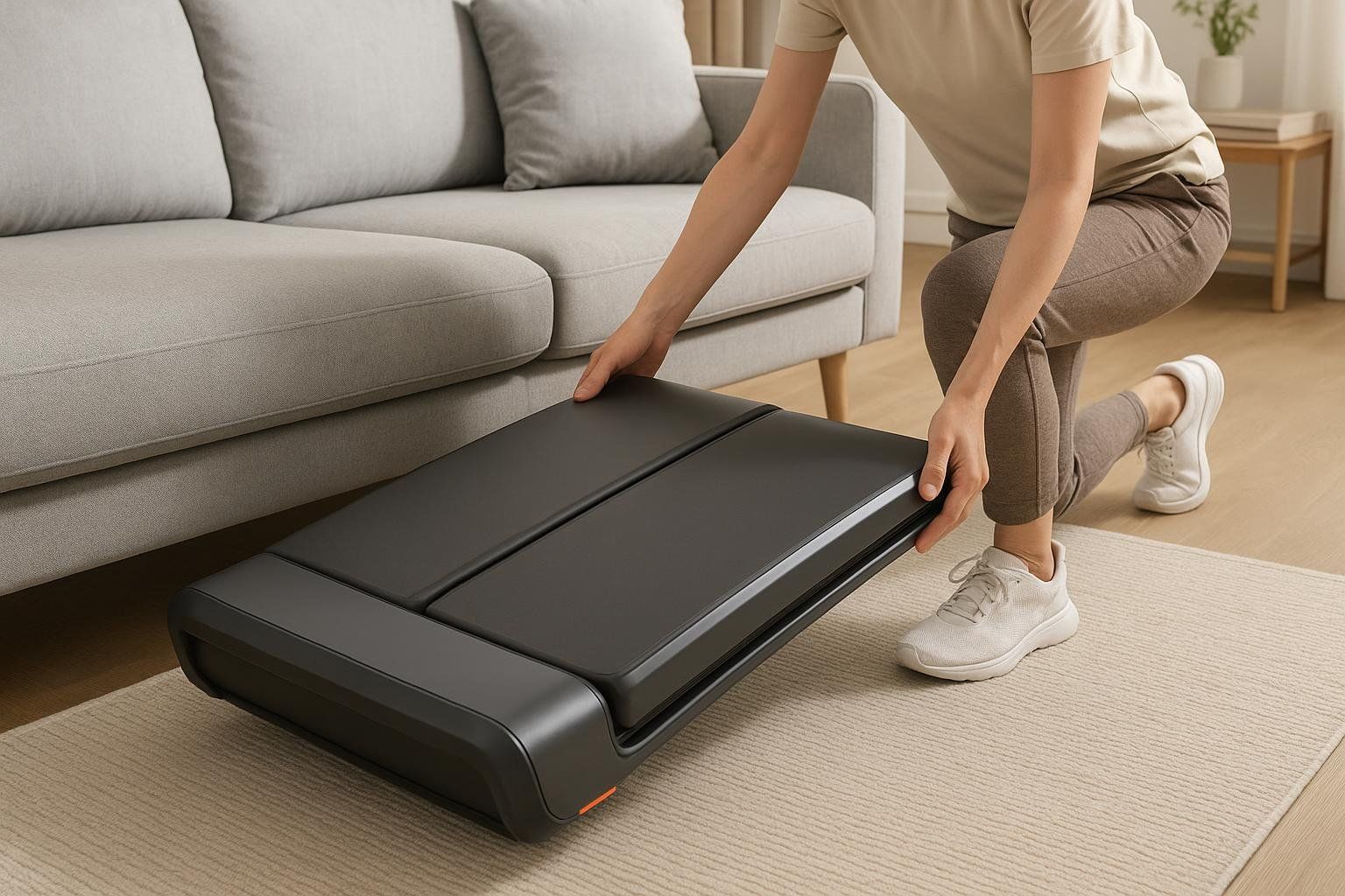 A person storing a foldable walking pad under a couch, showing its space-saving feature.