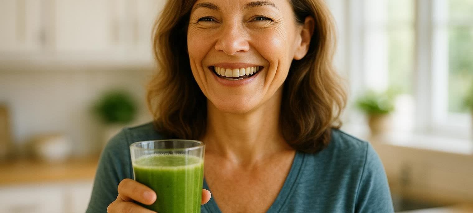 A smiling woman in her 40s with brown hair, wearing a teal shirt, happily holds up a glass of green smoothie in a bright kitchen.