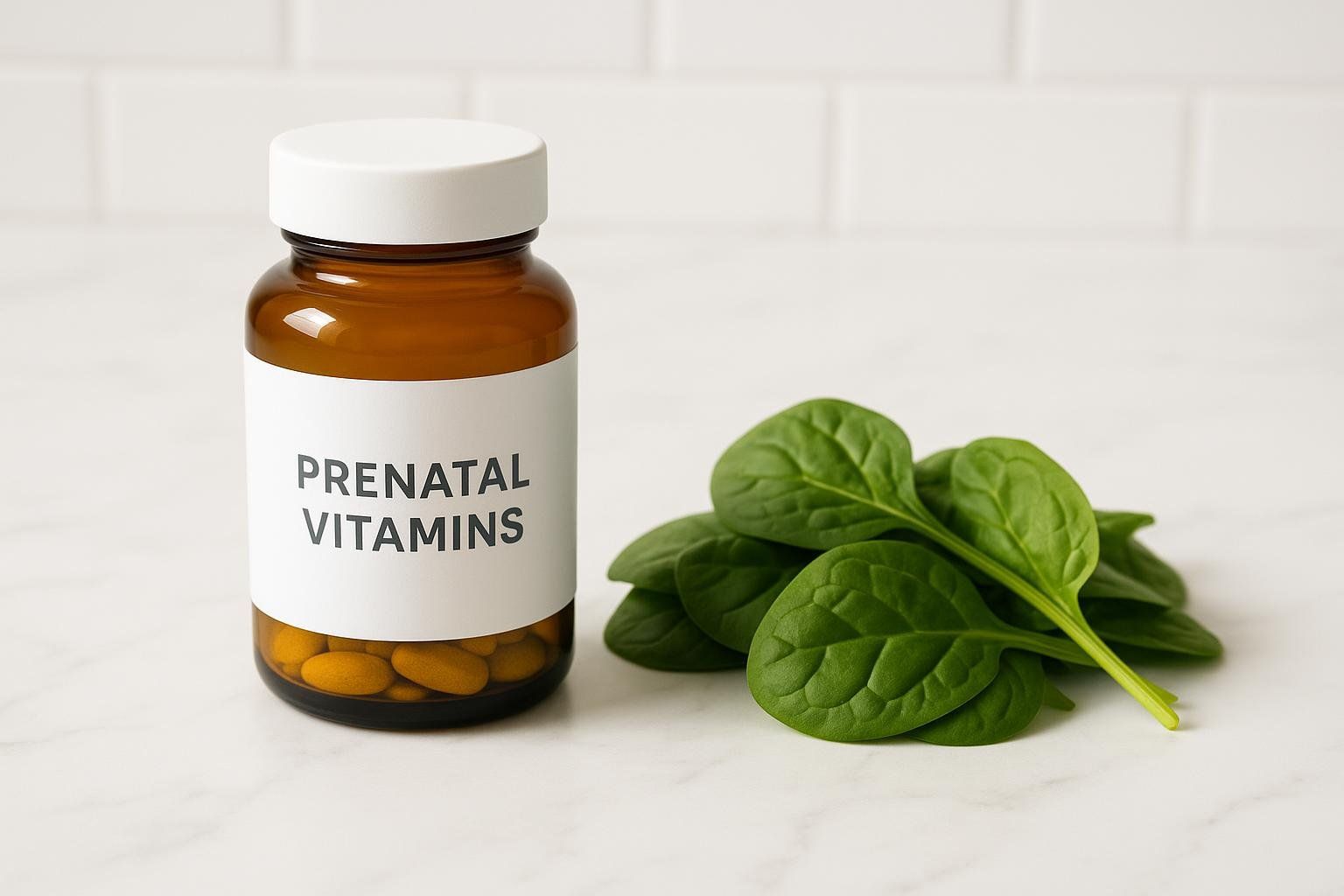 A brown bottle labeled 'PRENATAL VITAMINS' sits next to a pile of fresh green spinach leaves on a white marble surface.