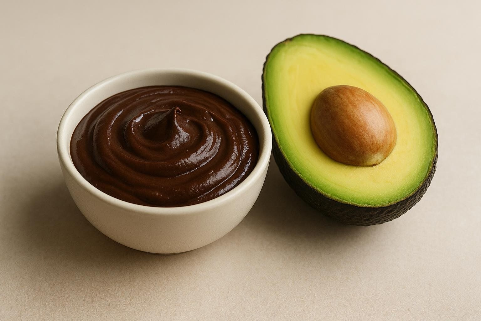 A white bowl of dark chocolate avocado pudding with a swirl on top, next to a halved avocado with its pit, on a light neutral background.