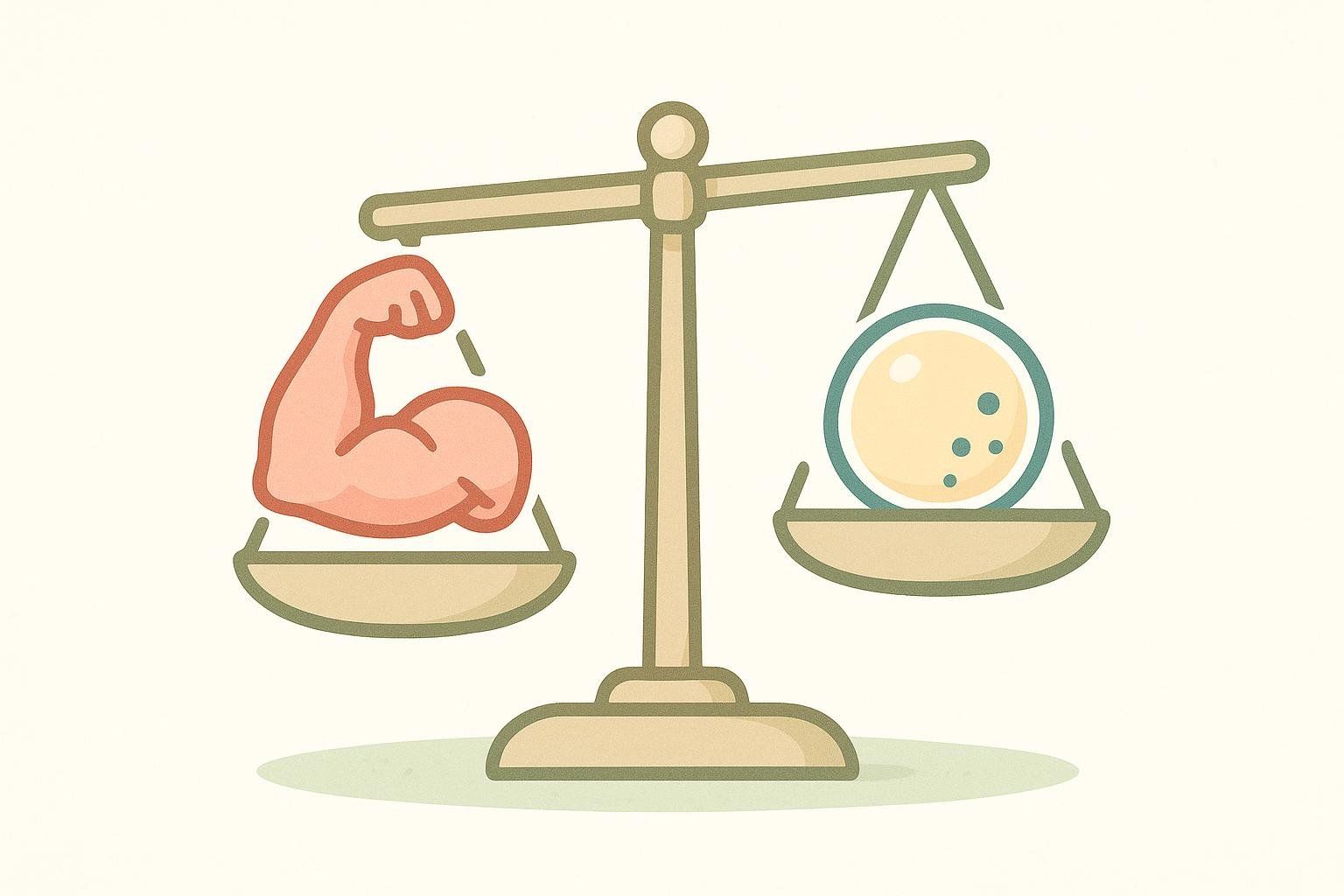 An illustration of a balance scale. On the left, a vibrant red, flexed bicep icon sits lower, indicating greater weight. On the right, a lighter, yellow, circular fat cell icon sits higher. This symbolizes that muscle is more desirable and weighs more than fat for healthy weight management.