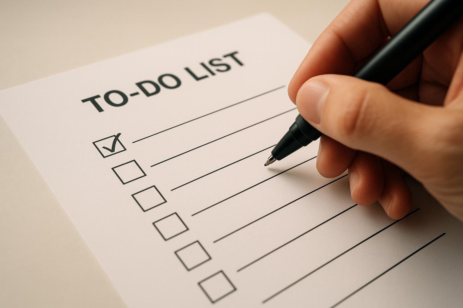 A hand holds a black pen to check off the first box on a printed to-do list.