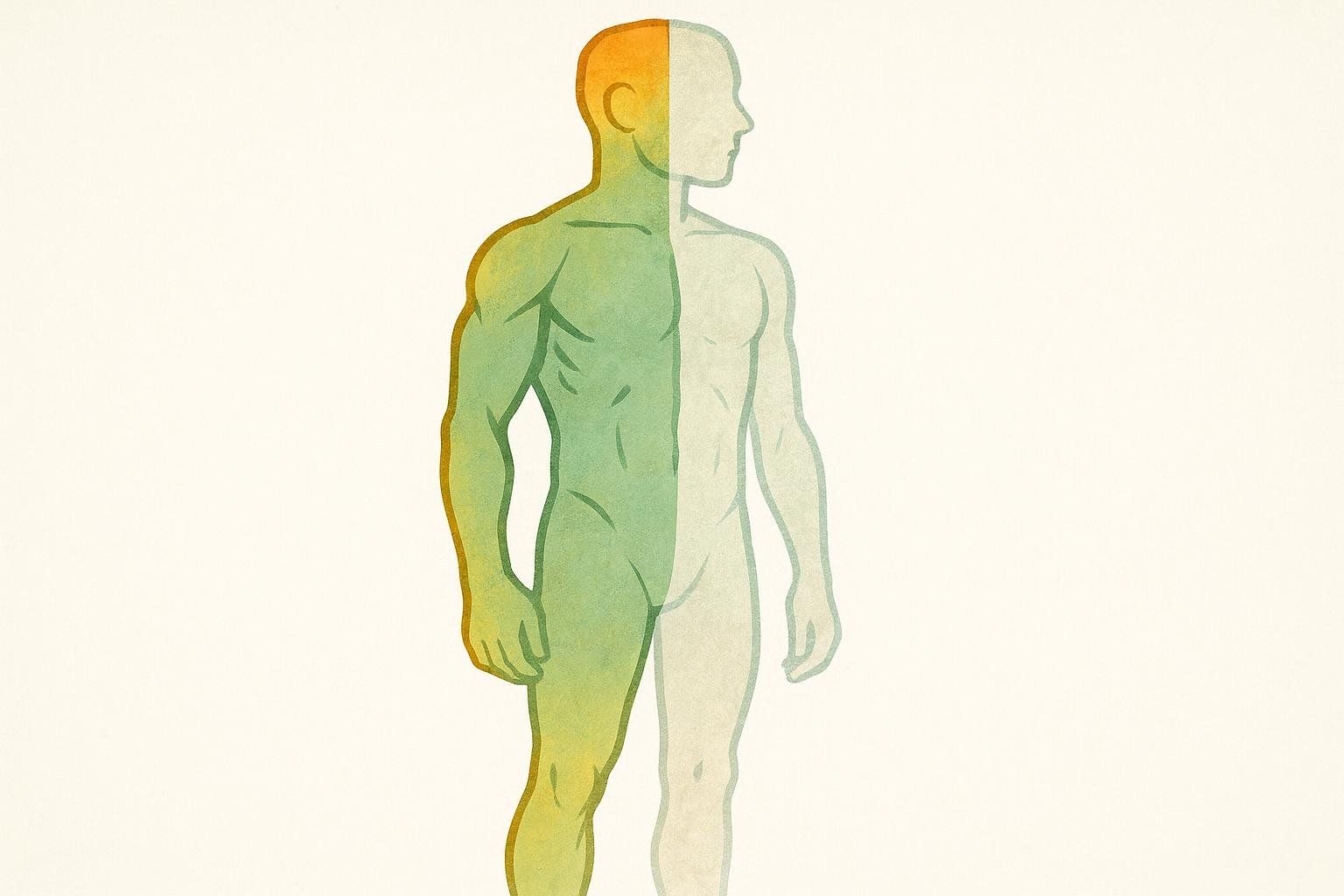 An illustration showing a human figure with the left side vibrant and muscular in green and orange tones, while the right side is faded and translucent, symbolizing muscle loss or weakness.