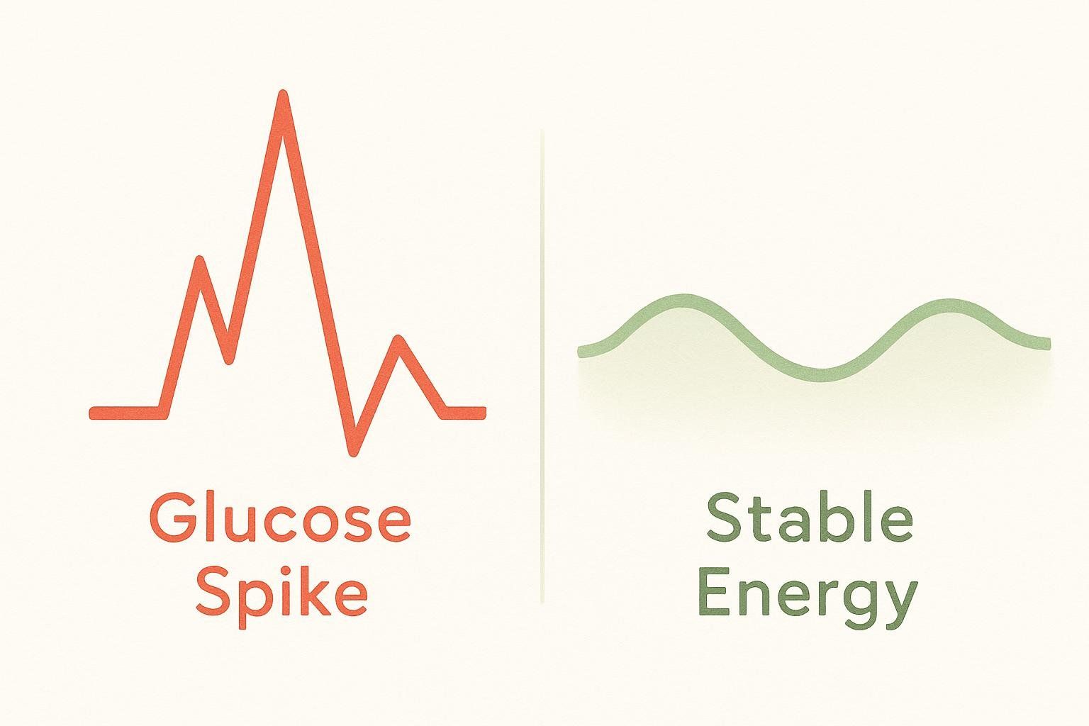 An illustration comparing blood glucose levels. On the left, a jagged red line labeled 'Glucose Spike' shows rapid increases and decreases. On the right, a smooth green wavy line labeled 'Stable Energy' indicates consistent levels.
