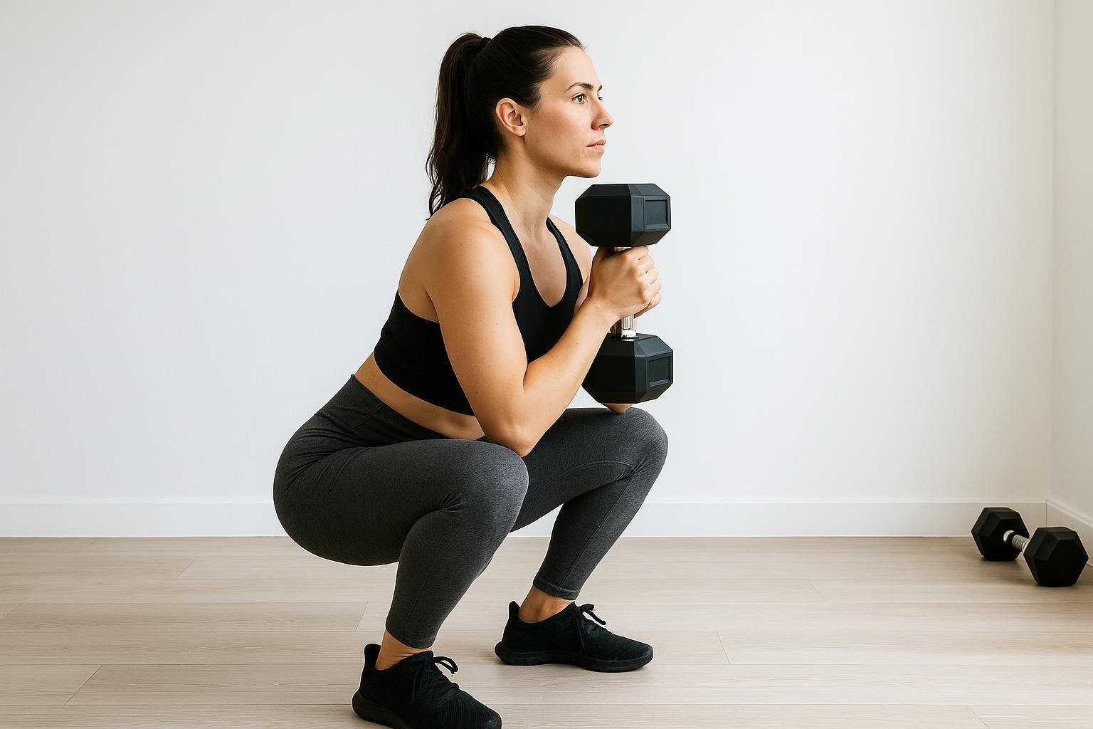 A woman demonstrating proper form for a goblet squat with a dumbbell, part of a beginner-friendly strength workout.