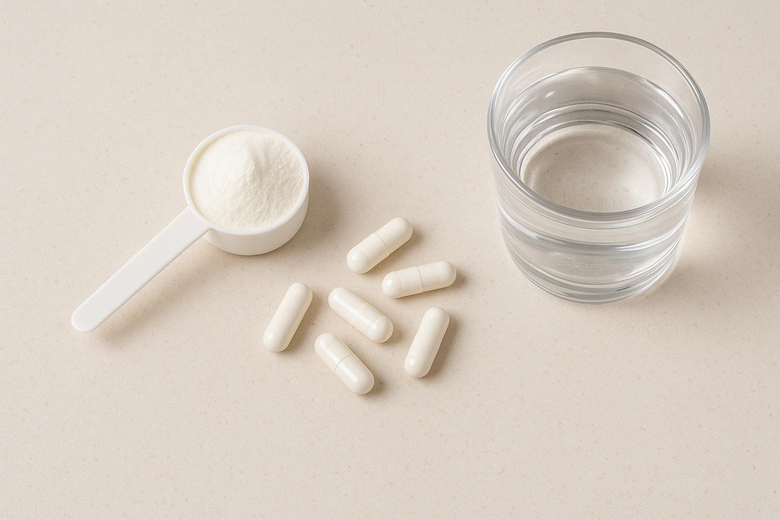 A white scoop filled with collagen powder, several white collagen capsules scattered beside it, and a glass of water on a light beige surface. The image shows different forms of collagen supplements.