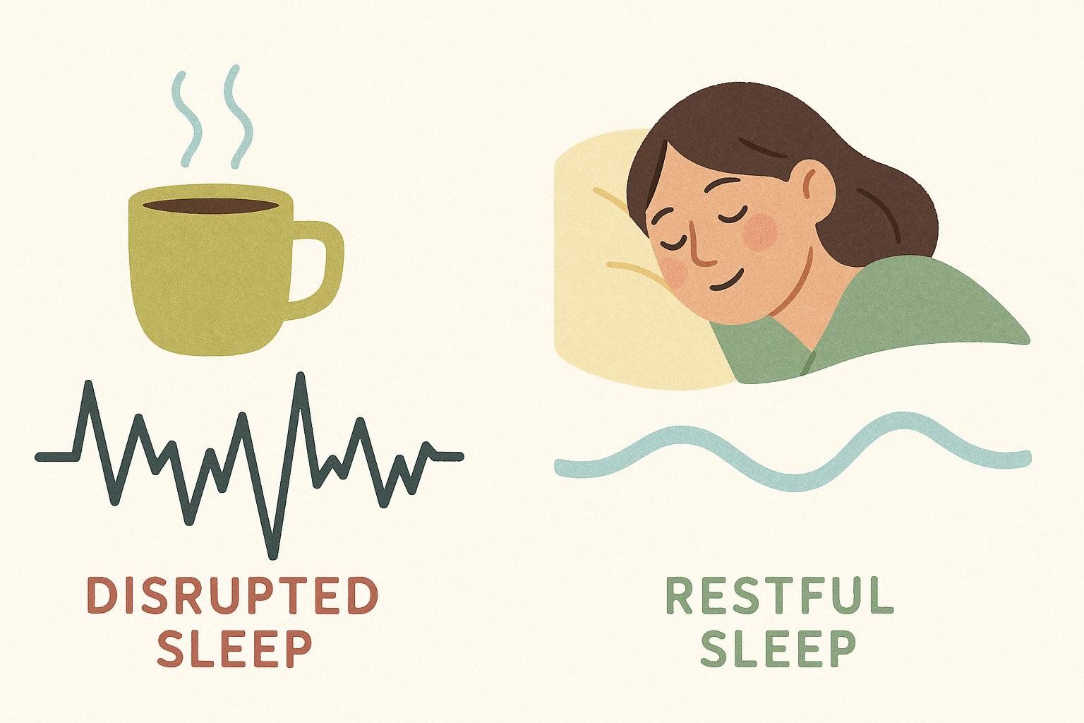 An illustration comparing disrupted sleep to restful sleep. On the left, a steaming coffee cup is shown above a jagged, spiky line labeled 'DISRUPTED SLEEP'. On the right, a peacefully sleeping person is shown above a smooth, wavy line labeled 'RESTFUL SLEEP'.