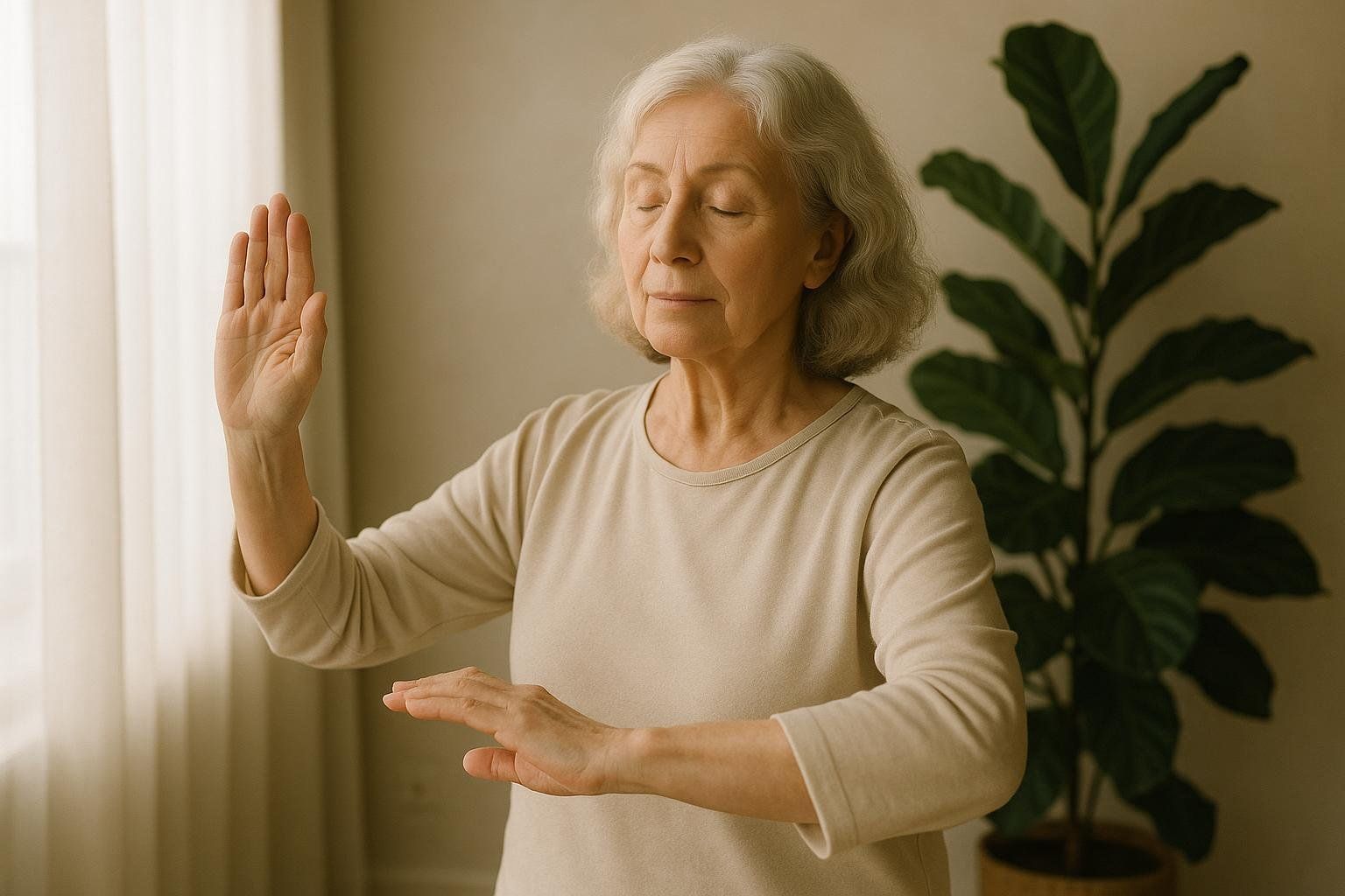 A woman practices a graceful Tai Chi move in a calm setting, highlighting its benefits for balance.