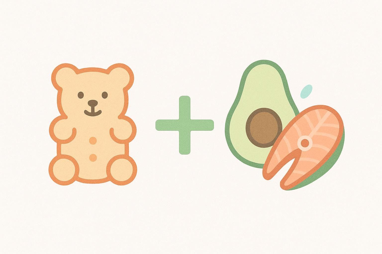 An equation-style illustration showing a gummy plus keto diet foods, indicating they work together.