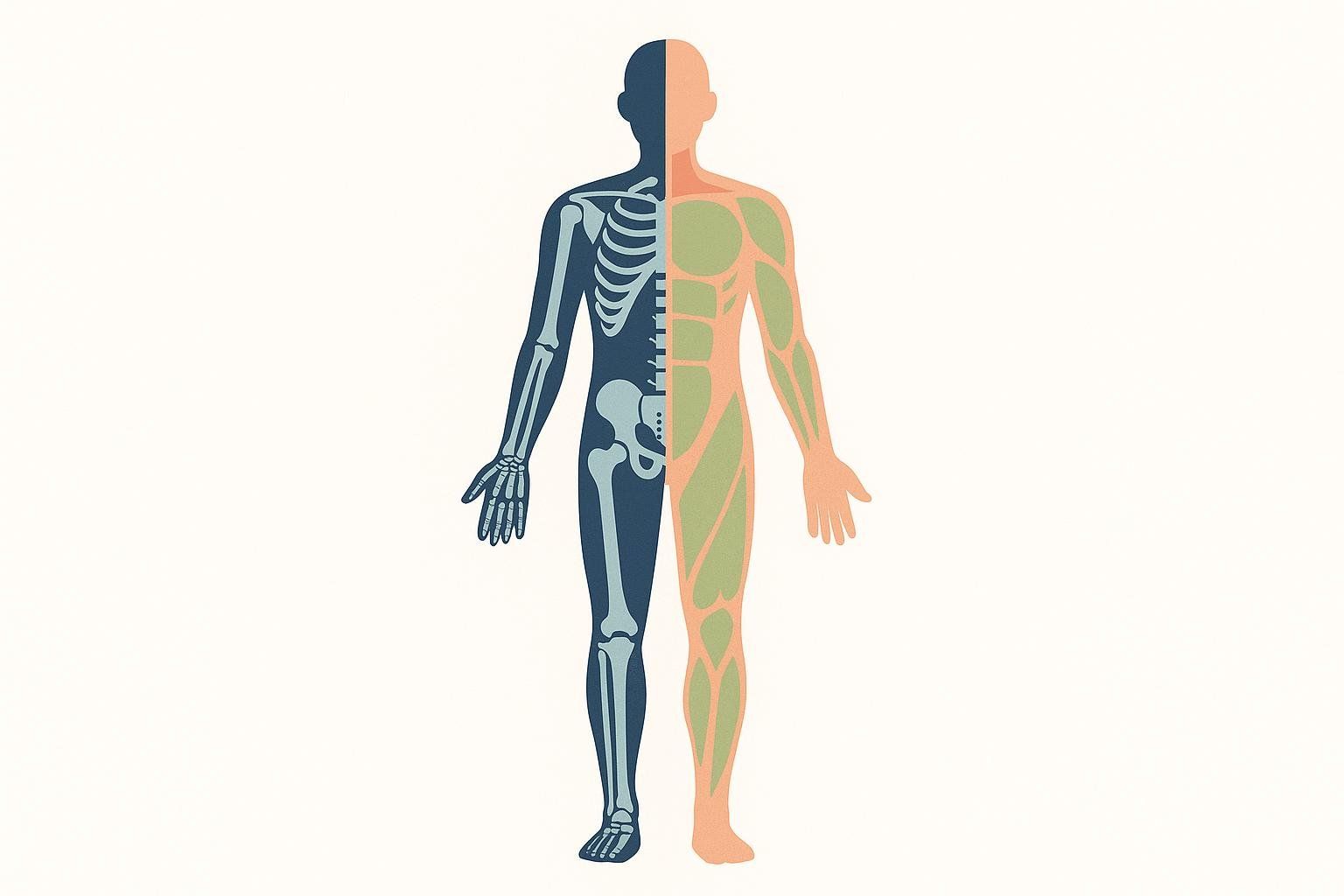 An illustration of a human silhouette, half showing muscle mass and half showing bone density, representing DEXA scan results.