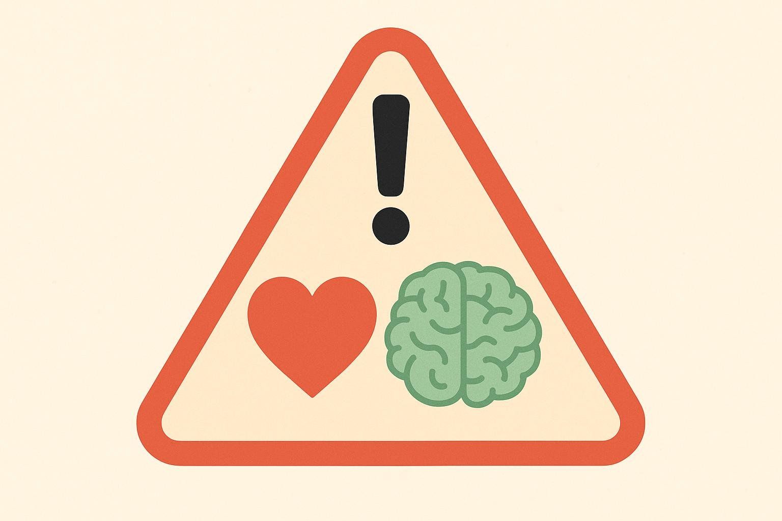 A red warning sign with a white background containing a black exclamation mark above a red heart and a green brain, symbolizing potential risks to the heart and brain.