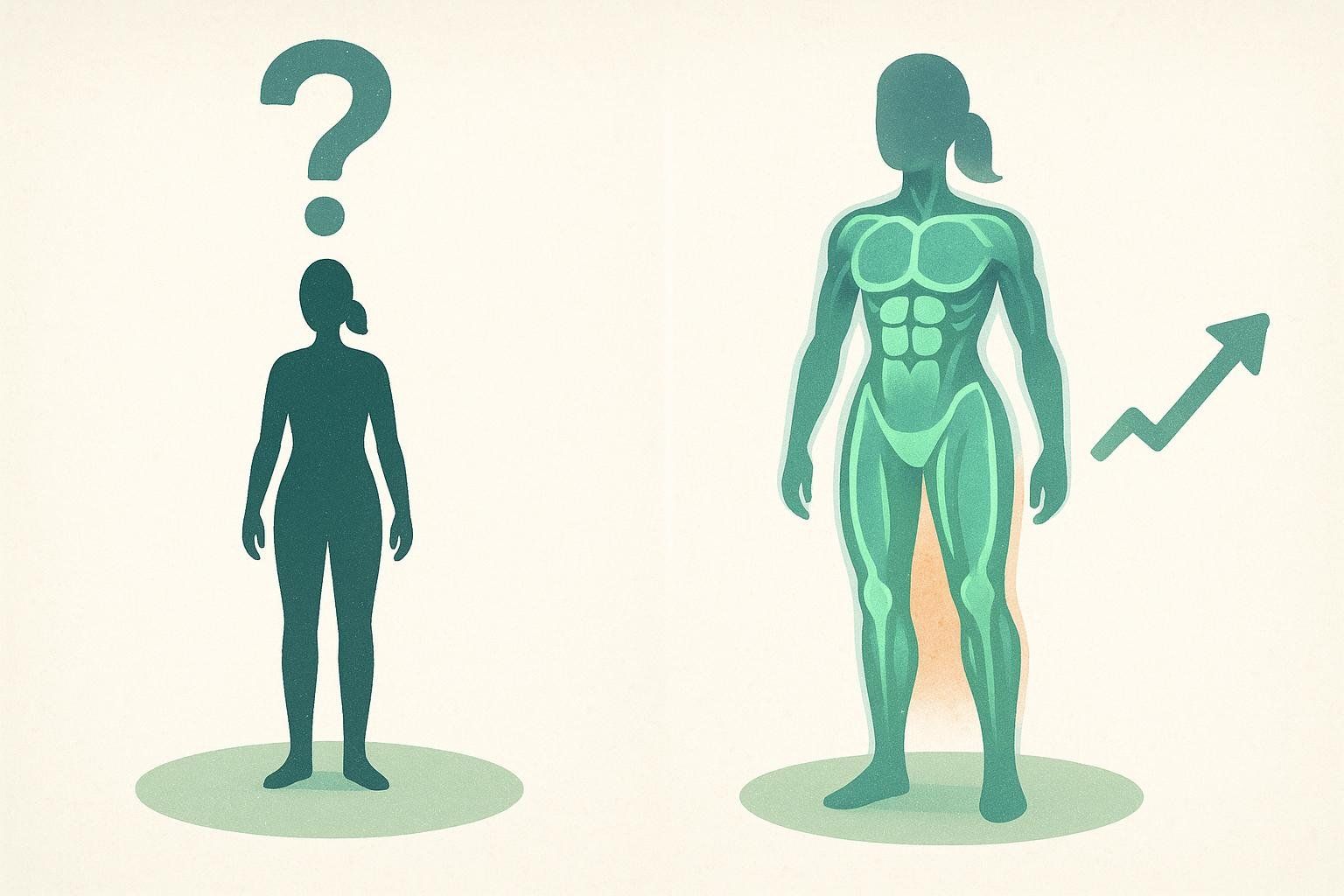 An illustration contrasting the ambiguity of weight-only tracking with the clear insights from body composition analysis, showing one confused figure and another with visible muscle and fat.
