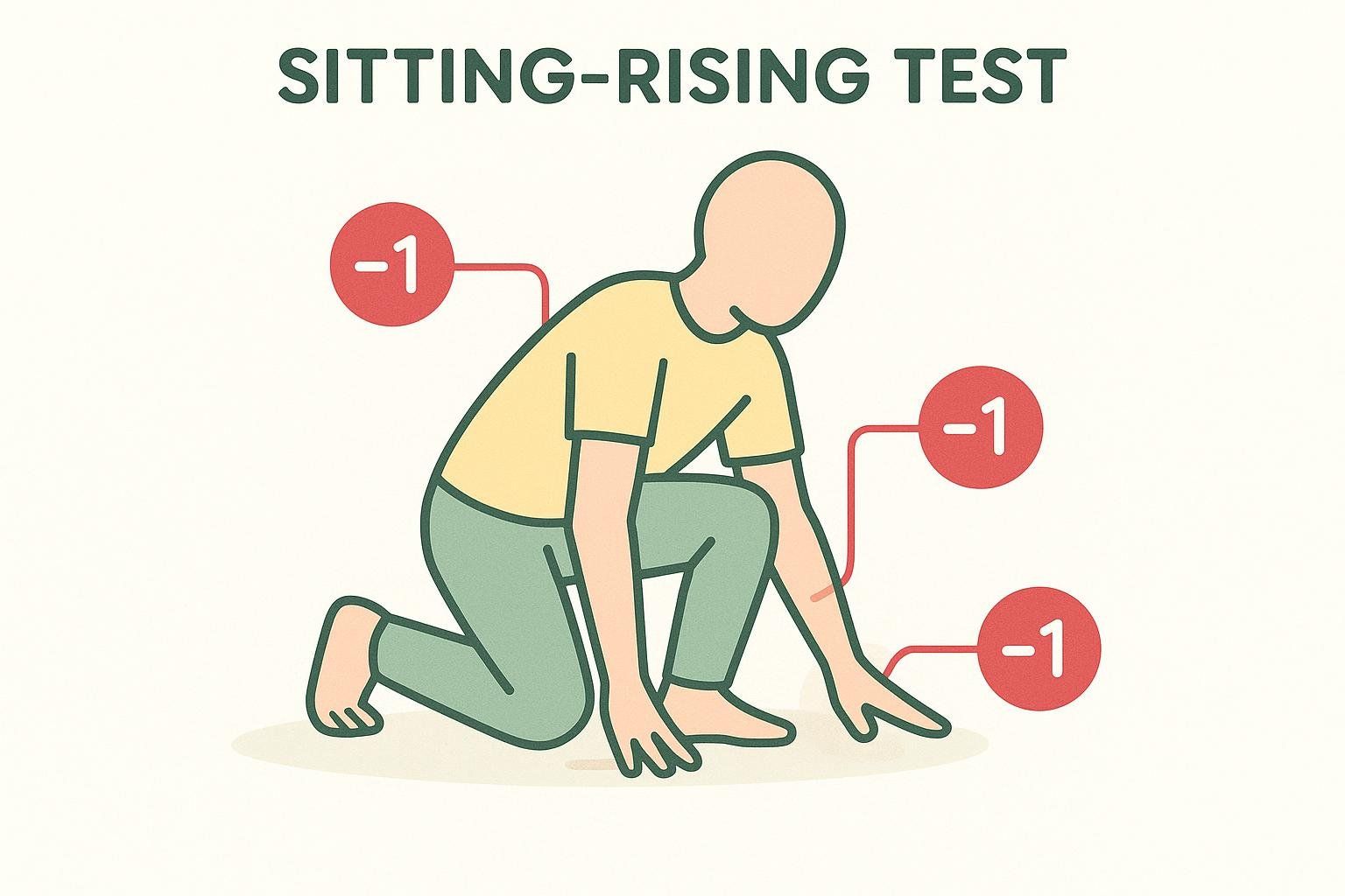 A clear diagram illustrating the sitting-rising test, showing a person using various body parts for support, with red circles indicating a -1 point deduction for each instance of using a hand, knee, or forearm.