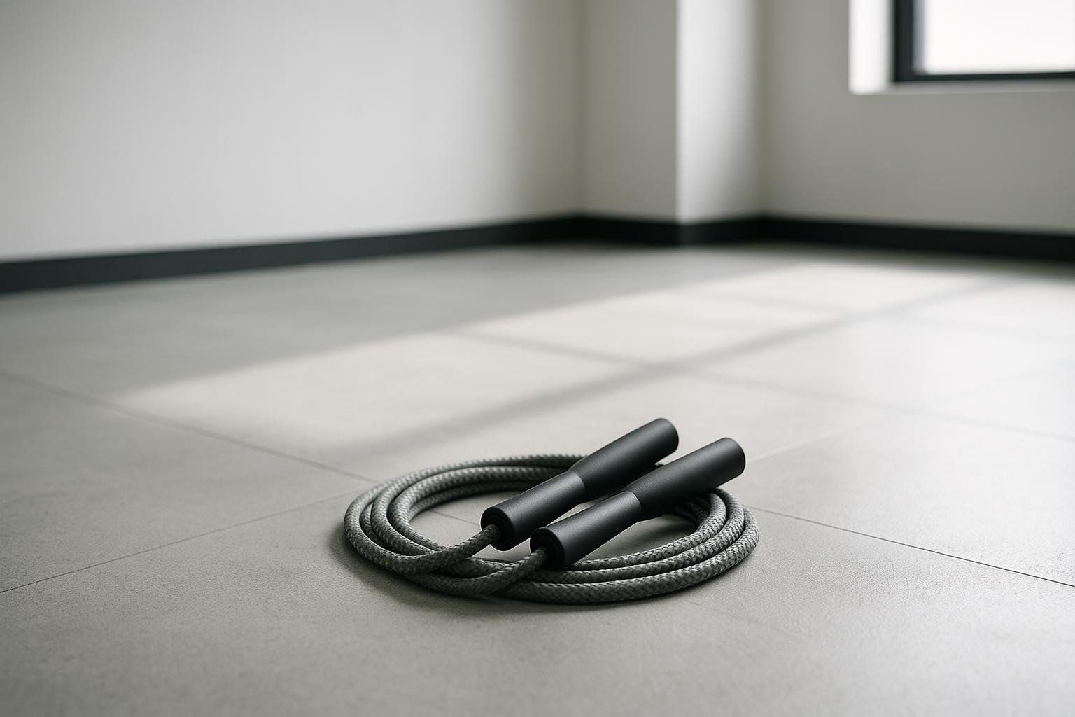 A jump rope on the floor of a gym, highlighting it as an effective and minimal equipment cardio option.