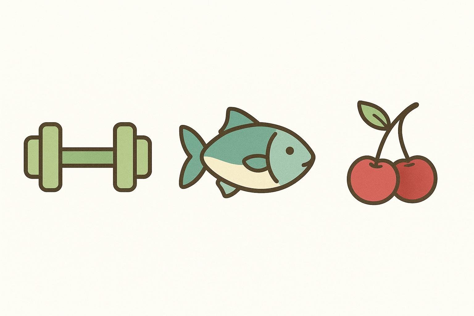 Icons for recovery supplements: a green dumbbell representing creatine, a blue fish symbolizing omega-3s, and two red cherries for tart cherry.