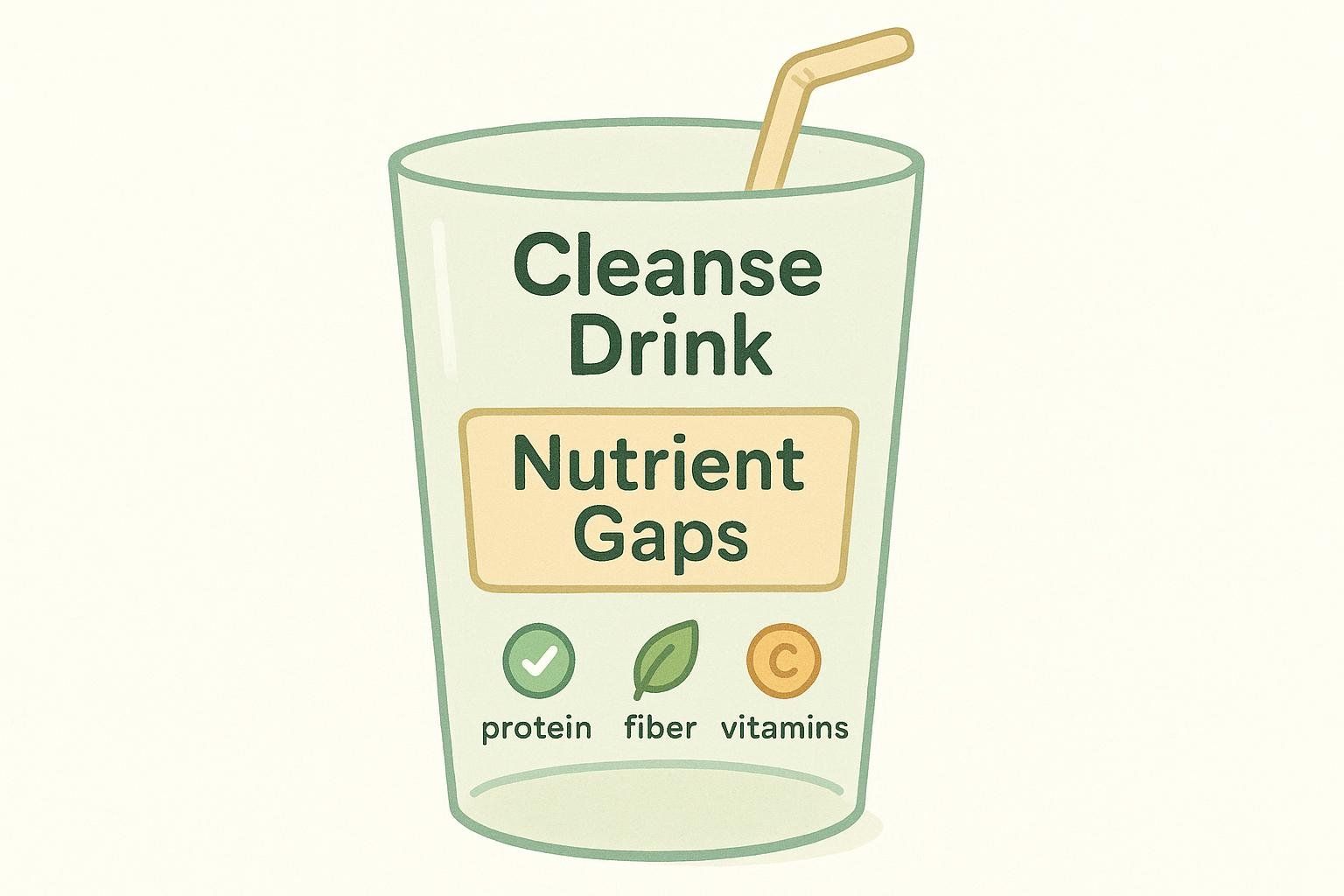 An infographic illustrating that a 'Cleanse Drink' has 'Nutrient Gaps.' Below these words, icons indicate deficits in protein, fiber, and vitamins, with protein having a checkmark (implying adequate or present) while fiber and vitamins (represented by a leaf and a 'C' in a circle, respectively) do not, suggesting their absence or insufficiency. This infographic visualizes common nutritional deficiencies in detox or cleanse diets.