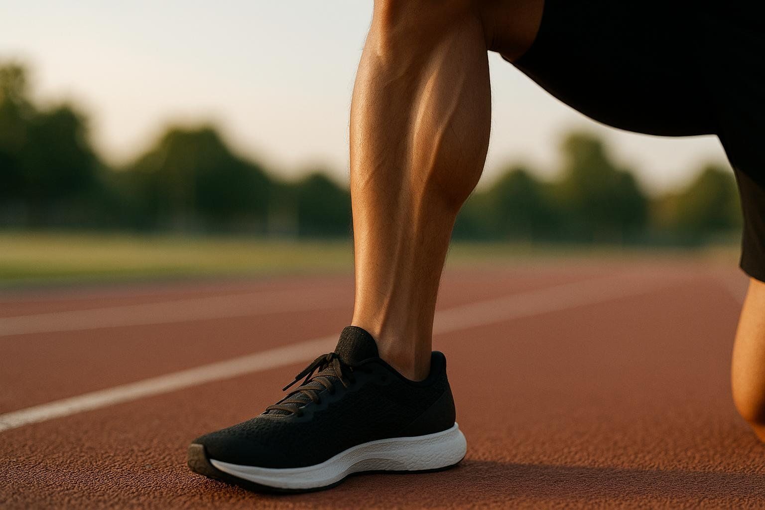 Close-up photo of a runner's strong, muscular lower leg and foot in a black running shoe, poised at a starting line on a red track. The shin muscle (tibialis anterior) is prominent.