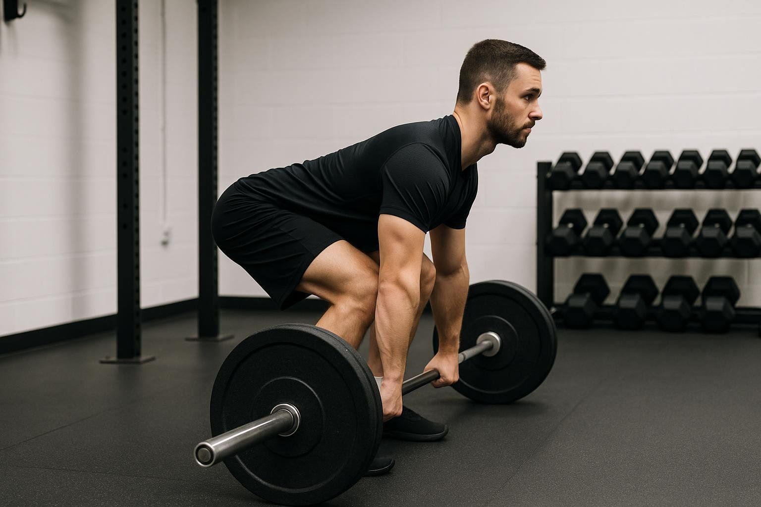 Side profile of a man in a black t-shirt and shorts in the proper starting position for a barbell deadlift, demonstrating a flat back and a deep hip hinge, with a rack of dumbbells in the background.
