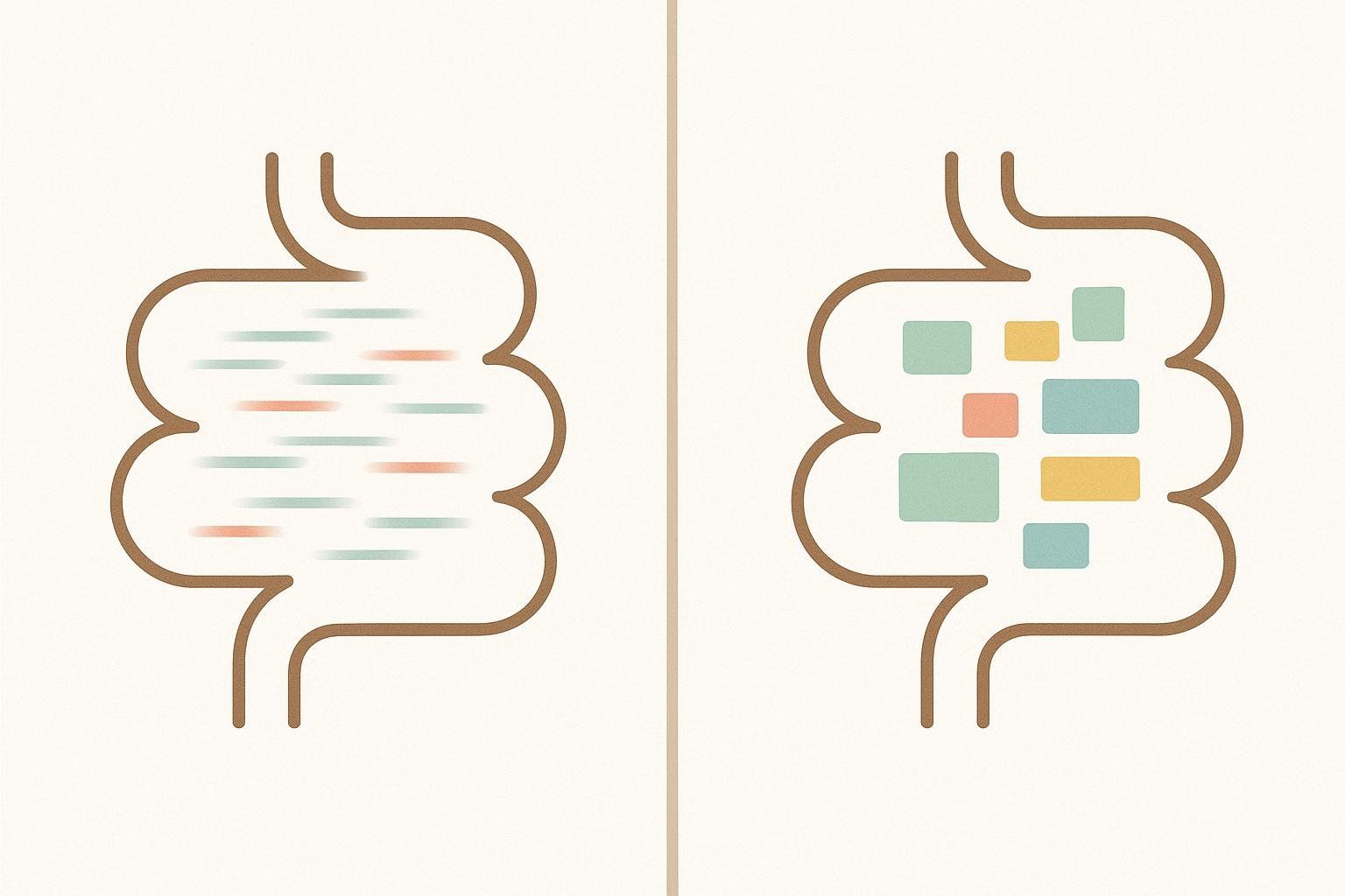 A comparative illustration showing rapid, blurred motion inside a gut icon to represent diarrhea, and static blocks inside another gut icon to represent constipation.
