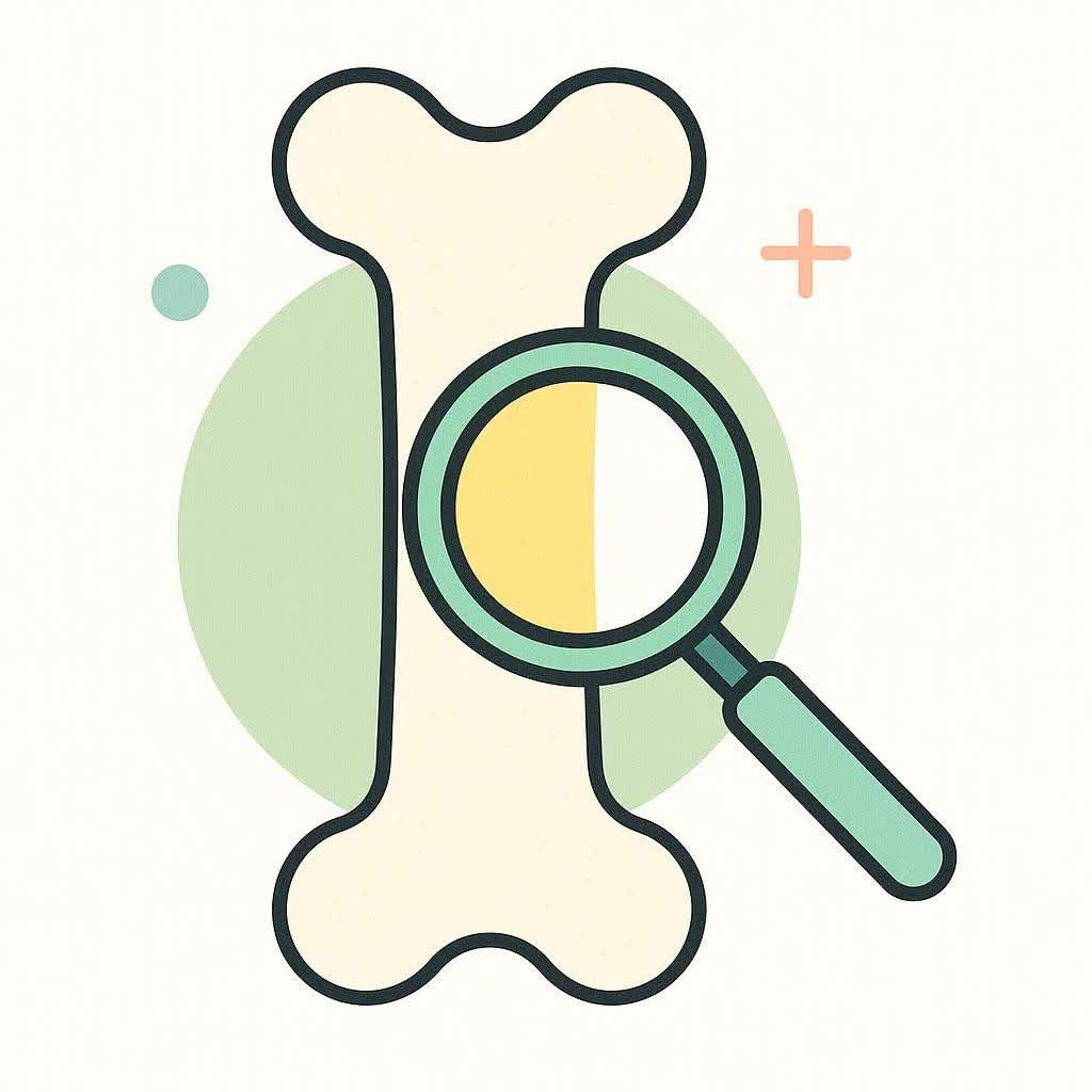 An icon depicts a bone with a magnifying glass overlaid, symbolizing a bone density test or bone health assessment.